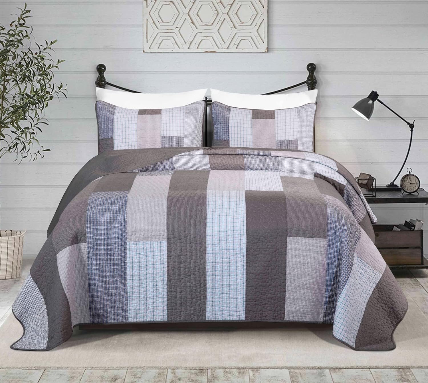 Chezmoi Sora 3-Piece Plaid Quilt Set - Queen Size