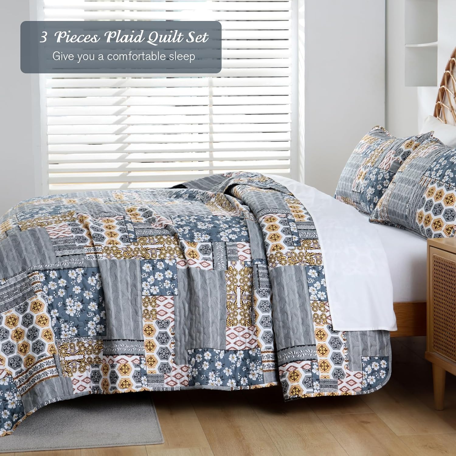 Mybedsoul Dark Grey Plaid Quilt Set King Size