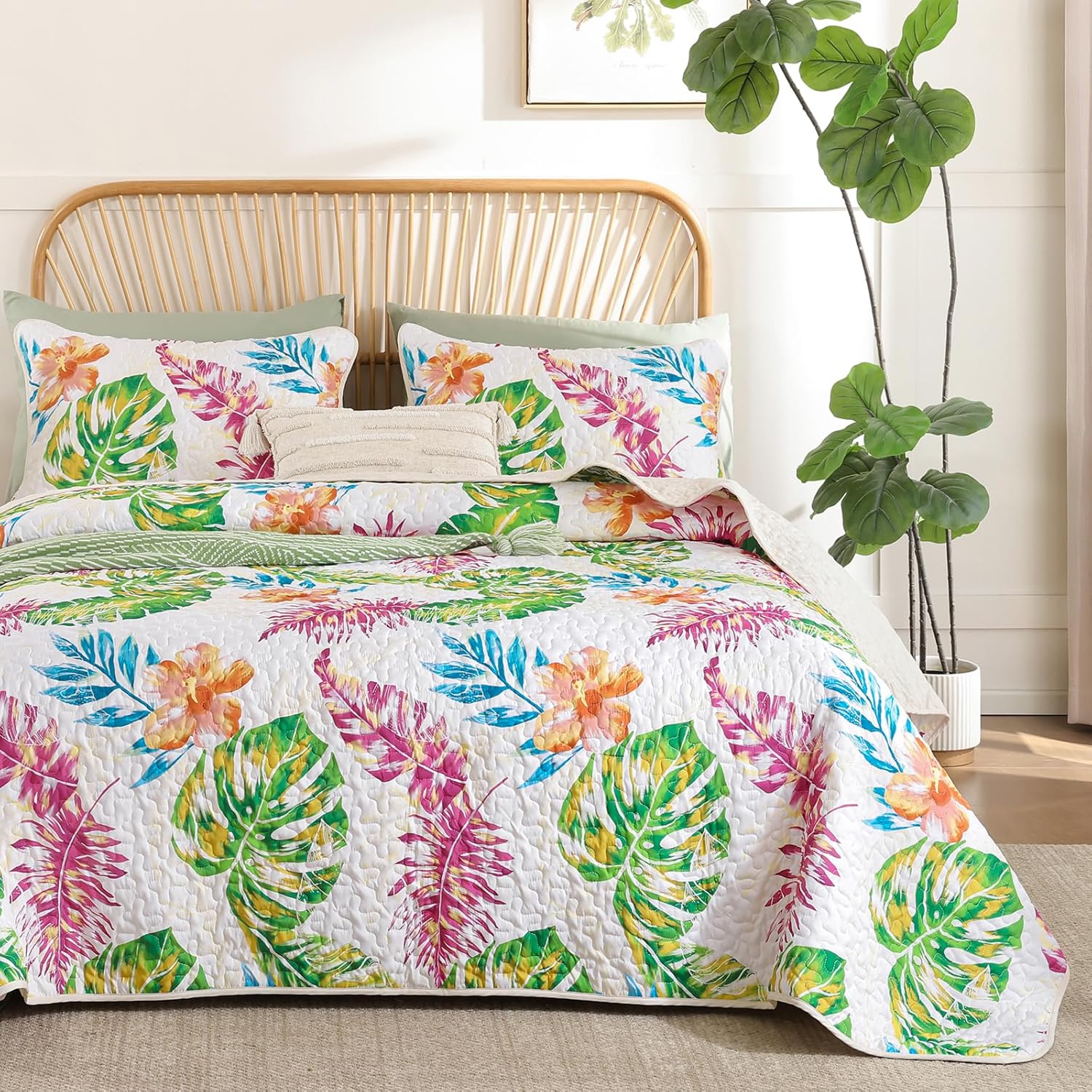 Luxudecor Tropical Plants Queen Quilt Set 3 Pieces