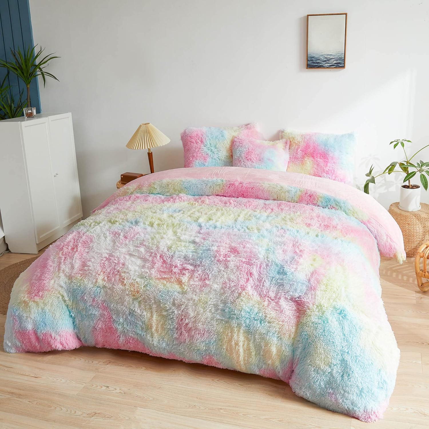 MEGO Rainbow Fluffy Duvet Cover Set Queen Size
