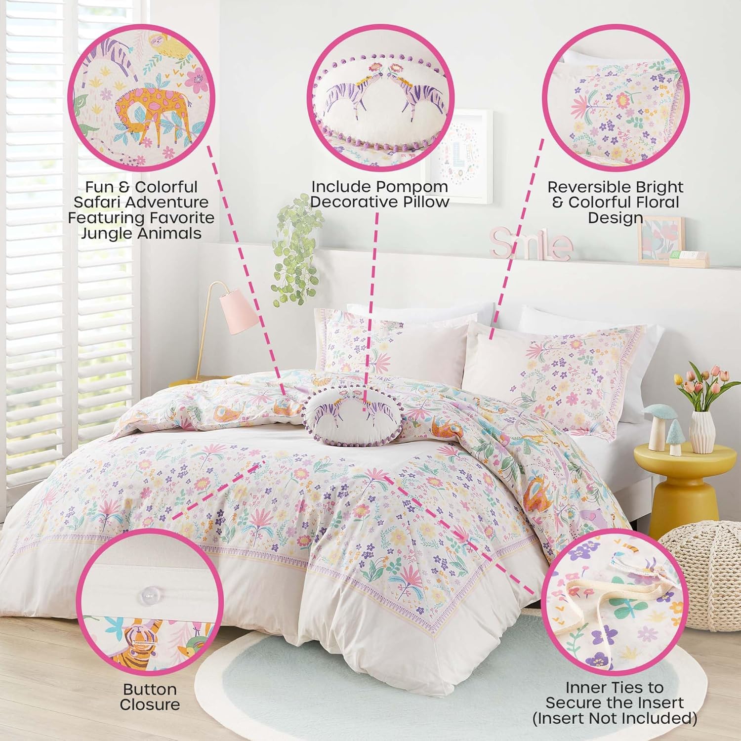 Queen Duvet Cover Set - Jungle Animals Floral Reversible Design