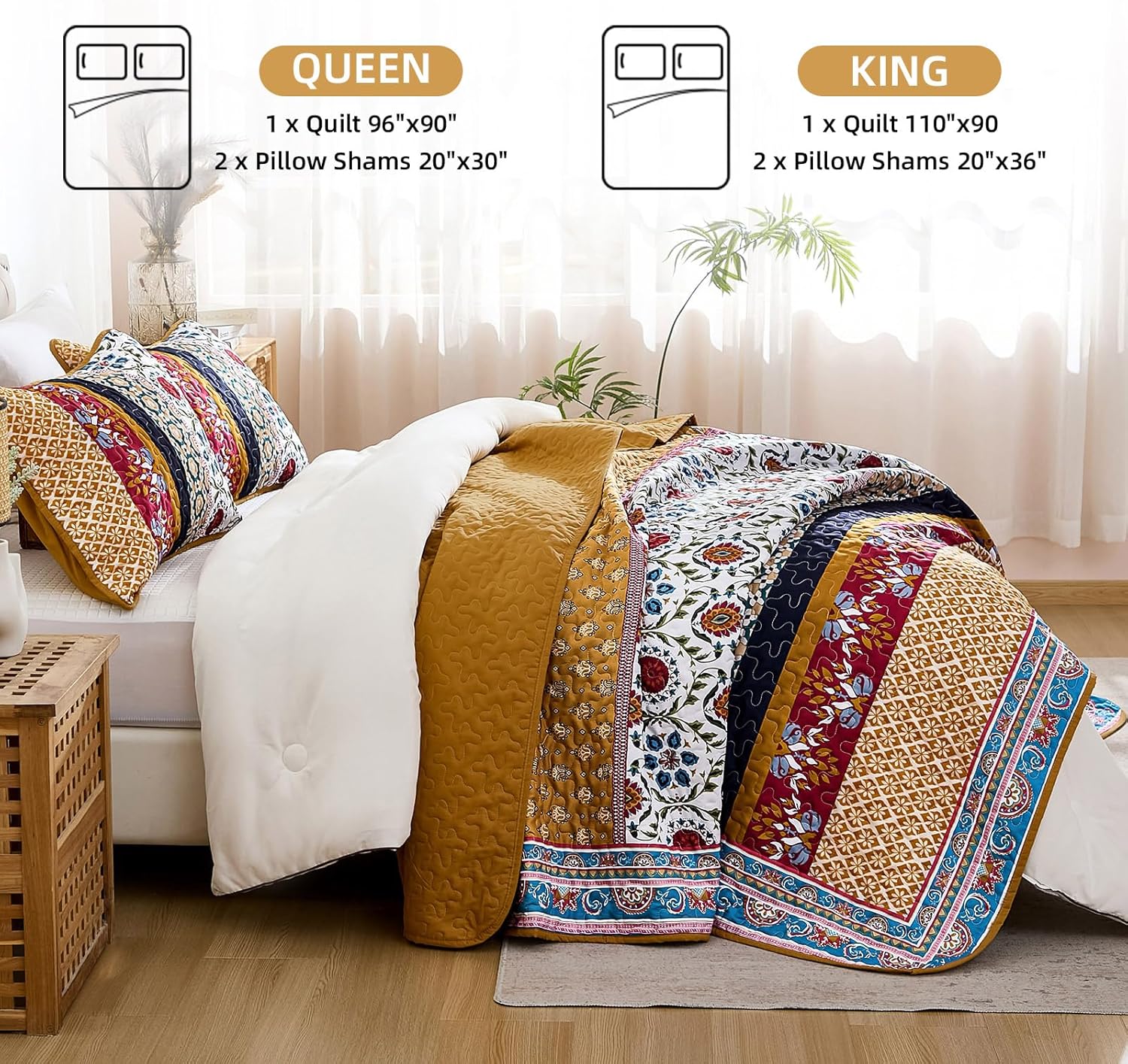 Yiran Boho Quilt Set Queen Size Tango Orange Patchwork Bedspreads