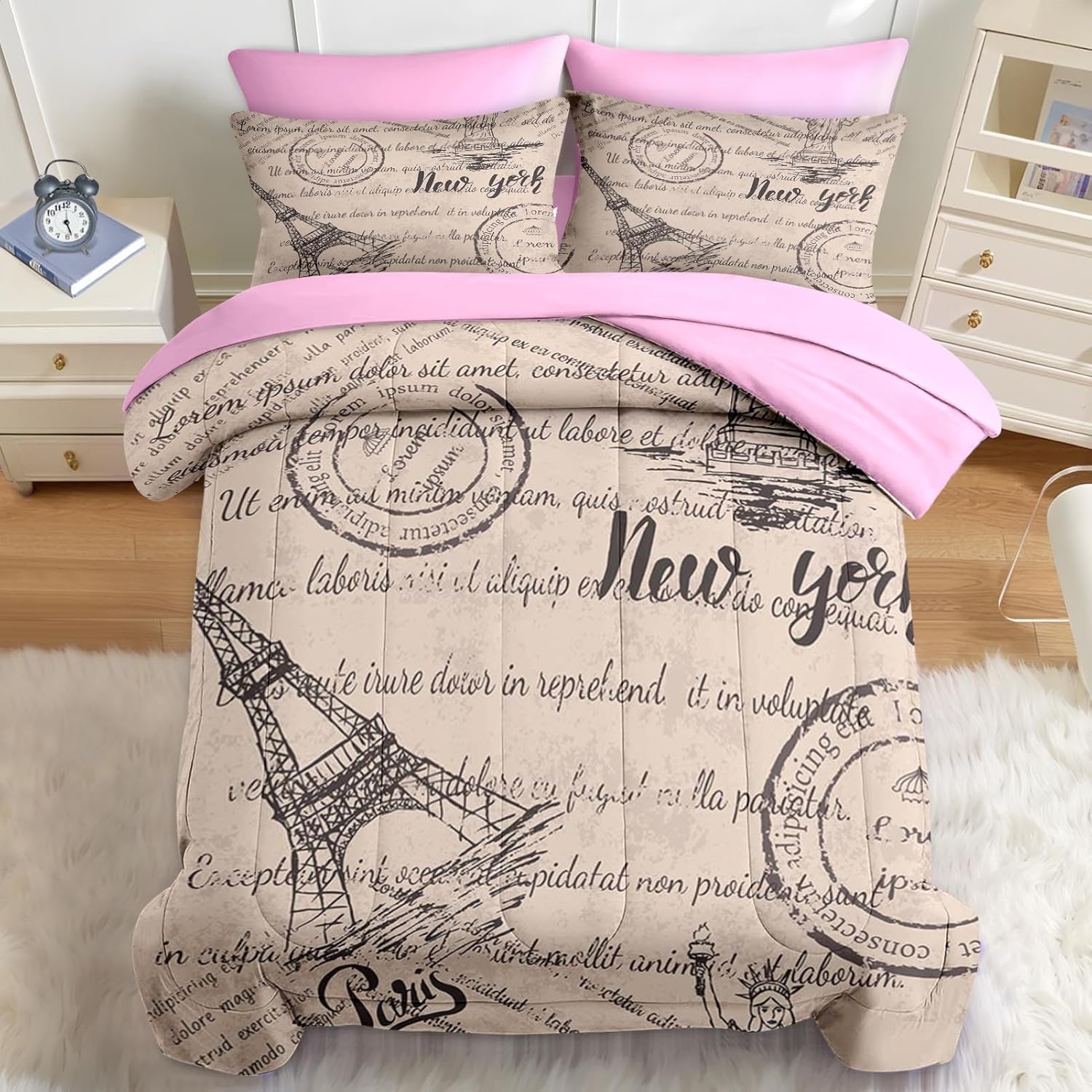 Nesker 7 Pcs Queen Comforter Set with Eiffel Tower Design