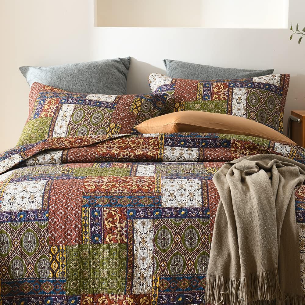 VISIMISI Cotton Reversible Patchwork Bedspread Set Brown Queen Size