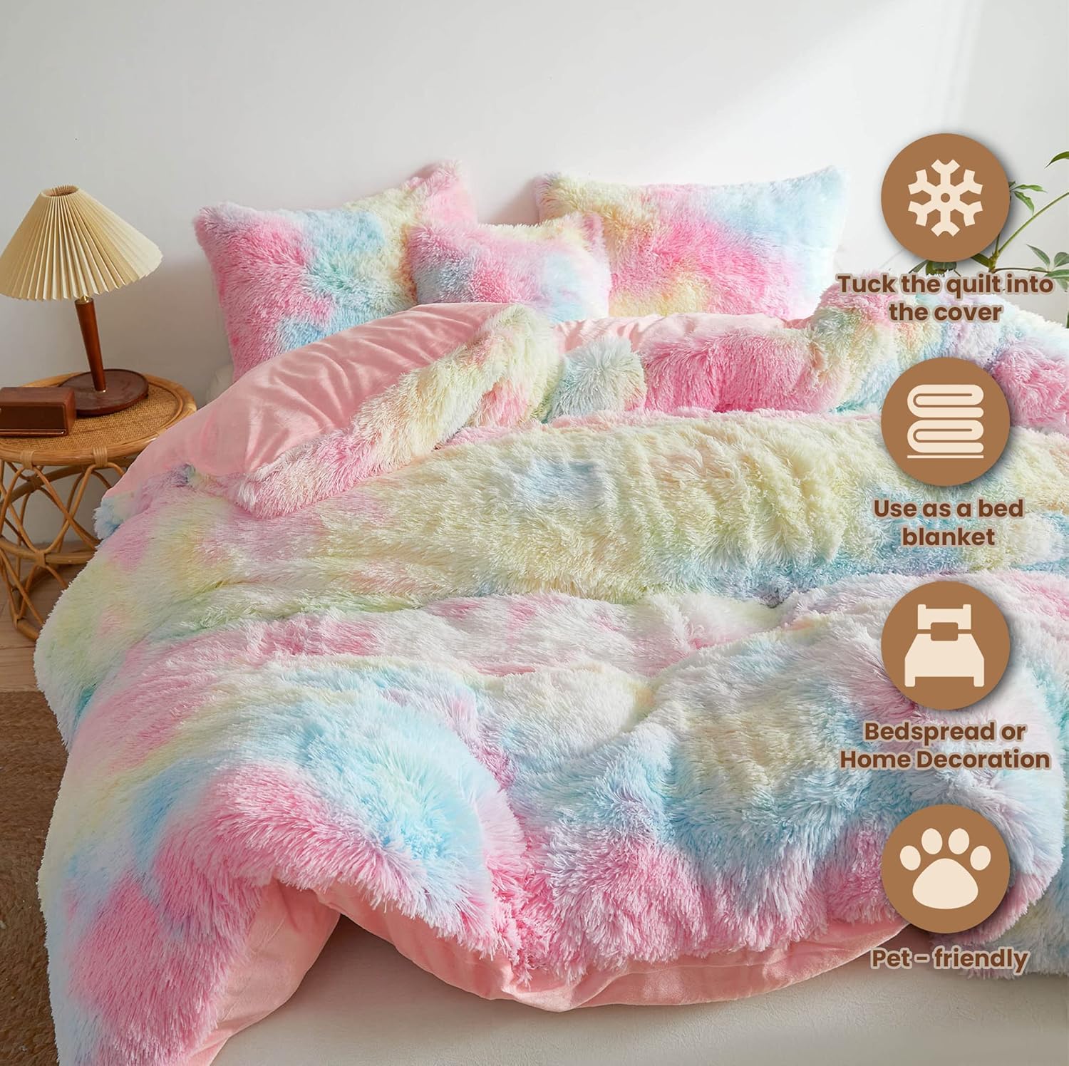 MEGO Rainbow Fluffy Duvet Cover Set Queen Size