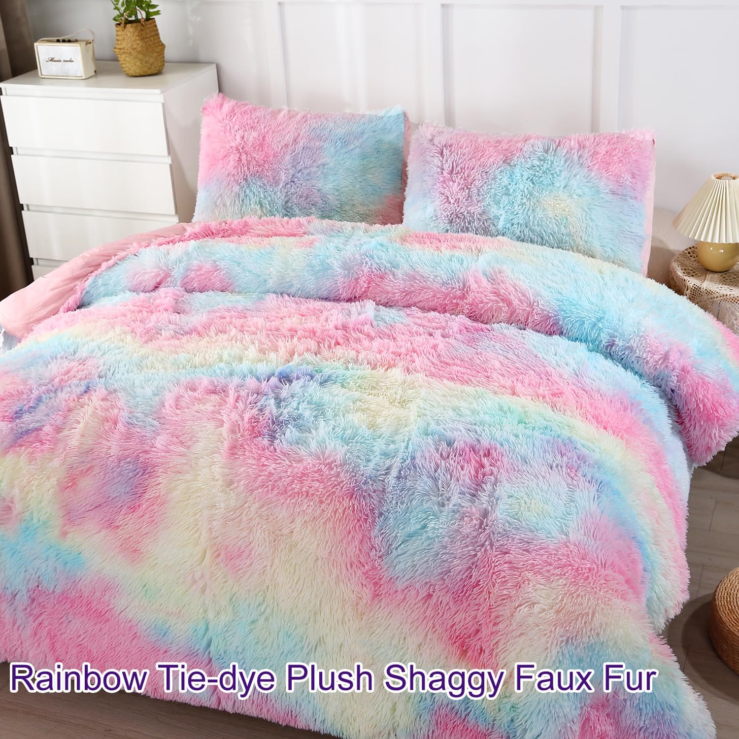 WINLIFE Rainbow Tie Dye Faux Fur Comforter Set Twin
