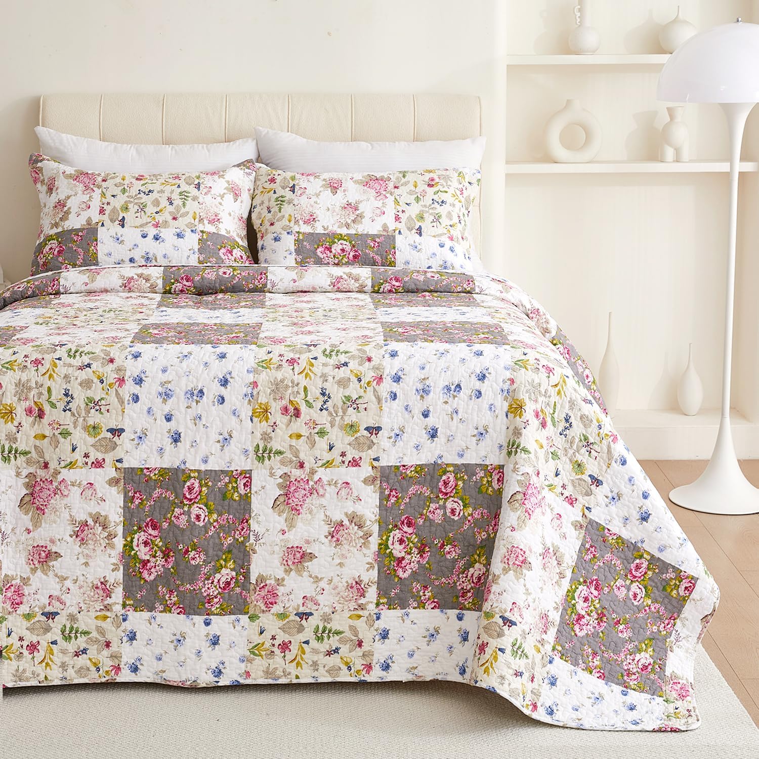 EVENHUG 100 Cotton Floral Queen Quilt Set 3 Pieces