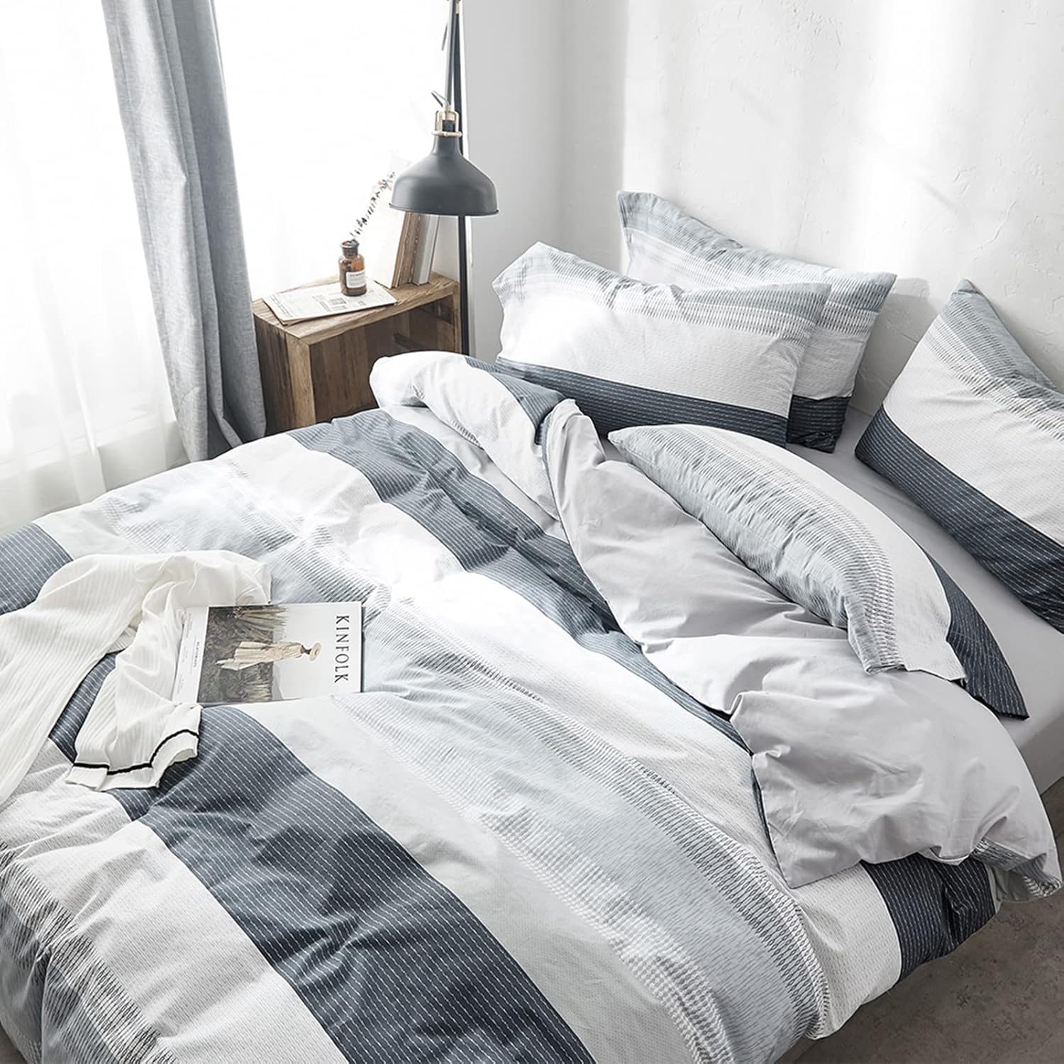 HighBuy Geometric Stripe Duvet Cover Queen Set Grey White
