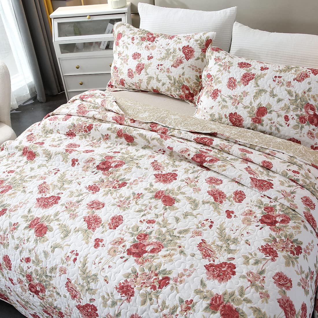 Vctops 3-Piece Romantic Rose Flower Print Bedspread Set