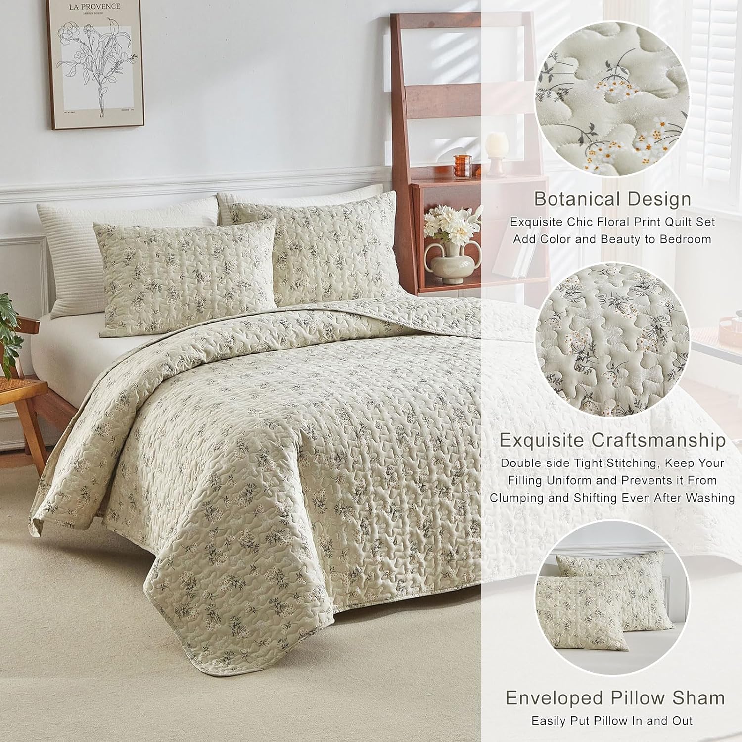 EAVD Boho Floral Queen Quilt Set with 2 Pillow Shams