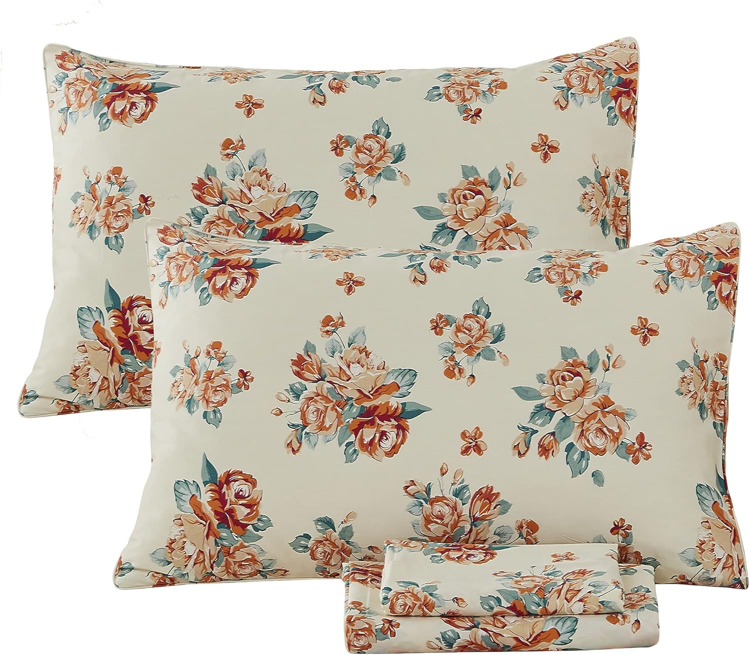 FADFAY Rose Beige Floral Shabby Bed Sheet Set 4Pcs