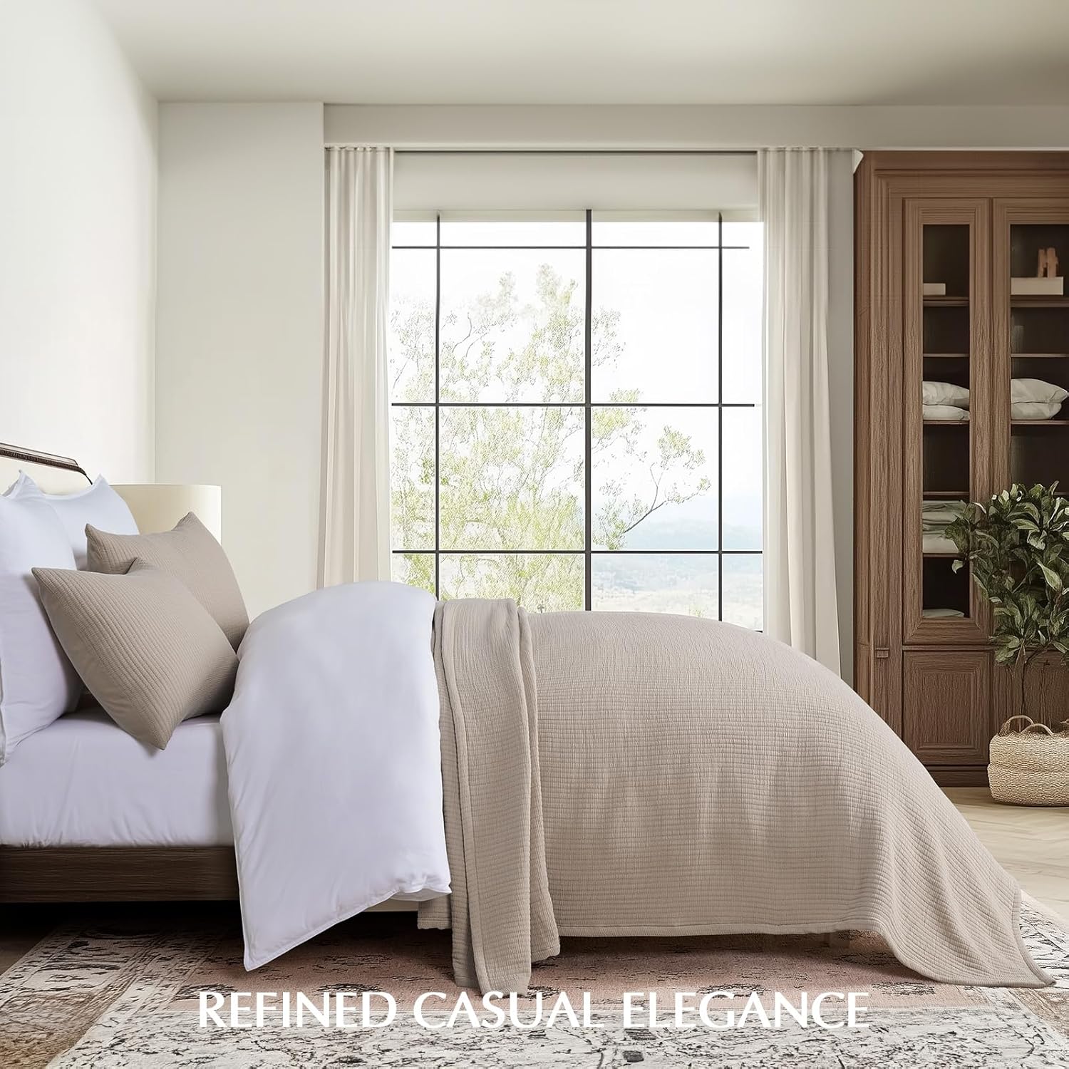 EVERGRACEHOME Cotton Gauze Bedspread Set Khaki Tan 2 Shams