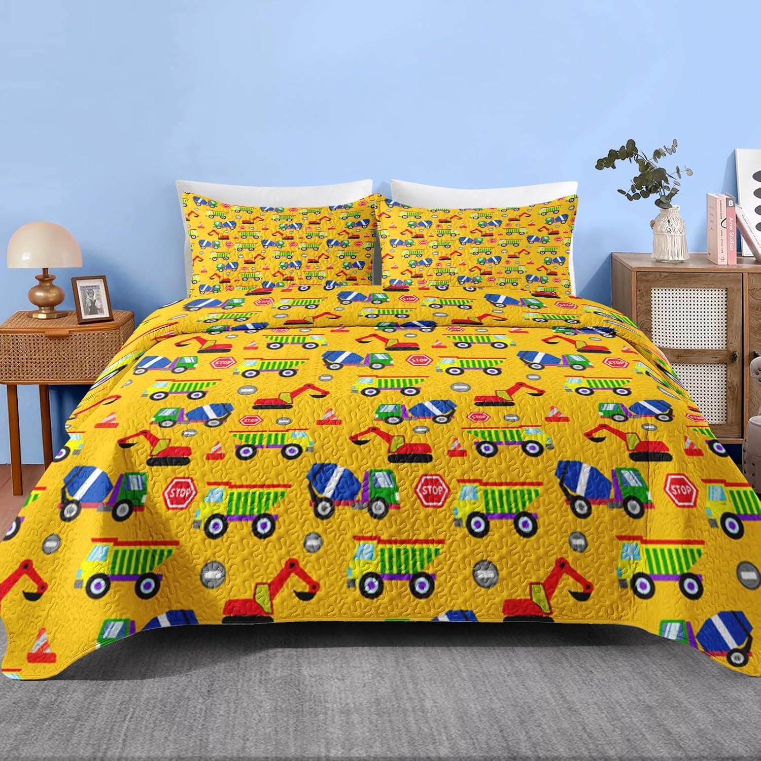 Pamnest Quilt Set Full Queen Size Cartoon Construction Car 3 Pcs