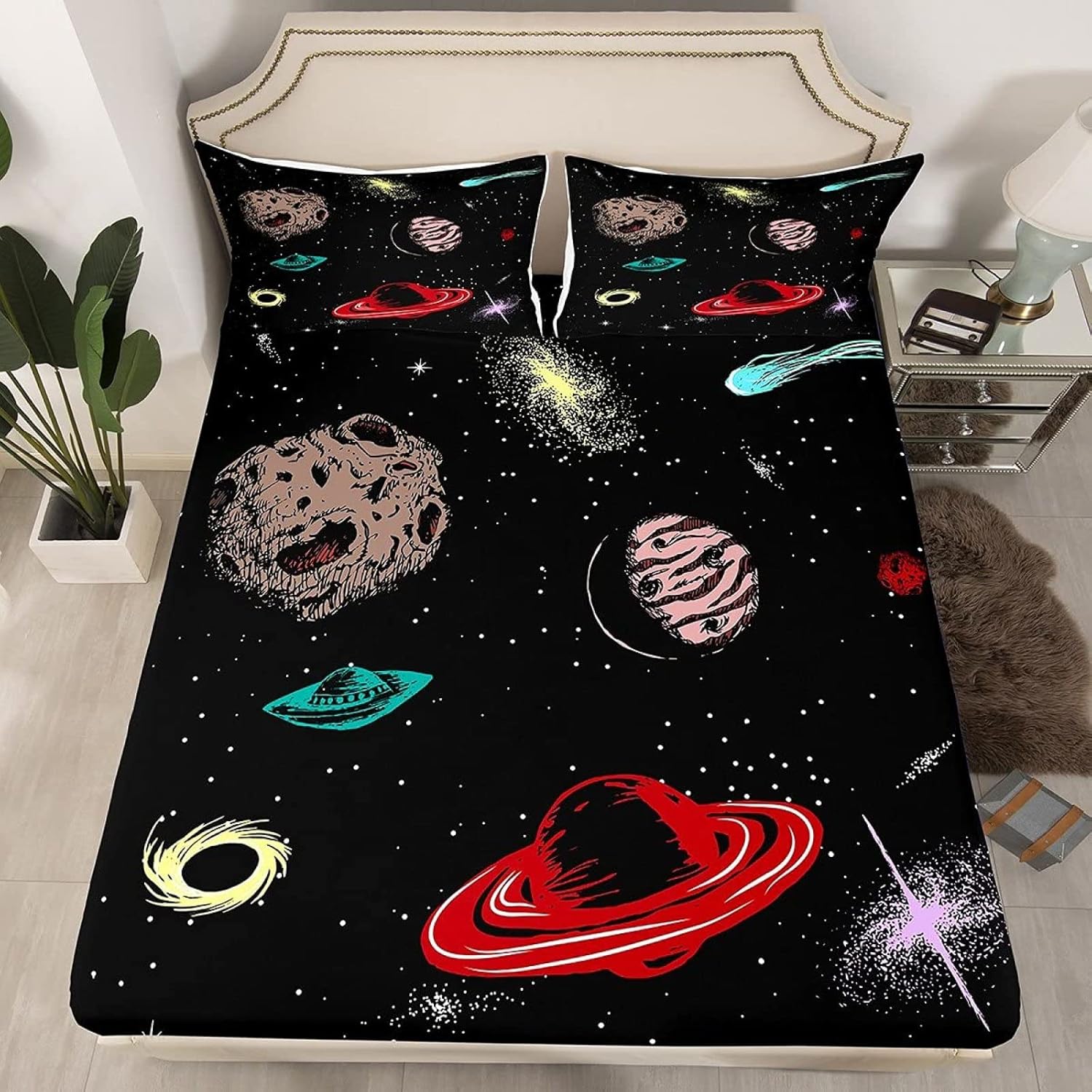 Outer Space Sheets California King Set - Starry Sky Planets Bedding 1