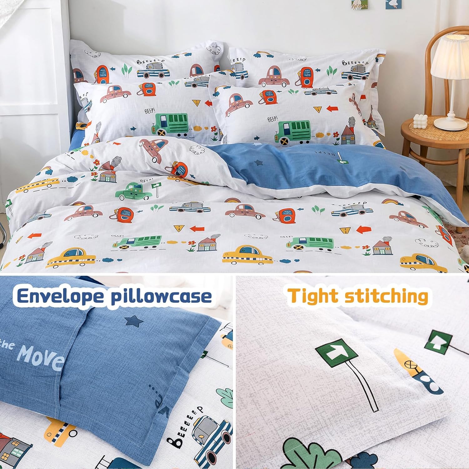 Kids Car Duvet Cover Set Twin Size - 100 Cotton