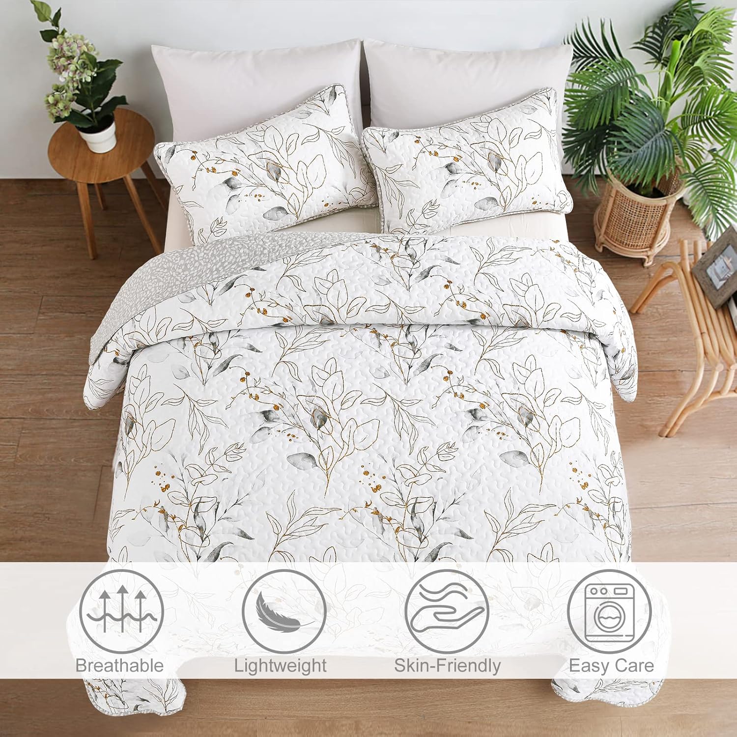 Anibedding Grey Quilt Set 3 Piece Reversible