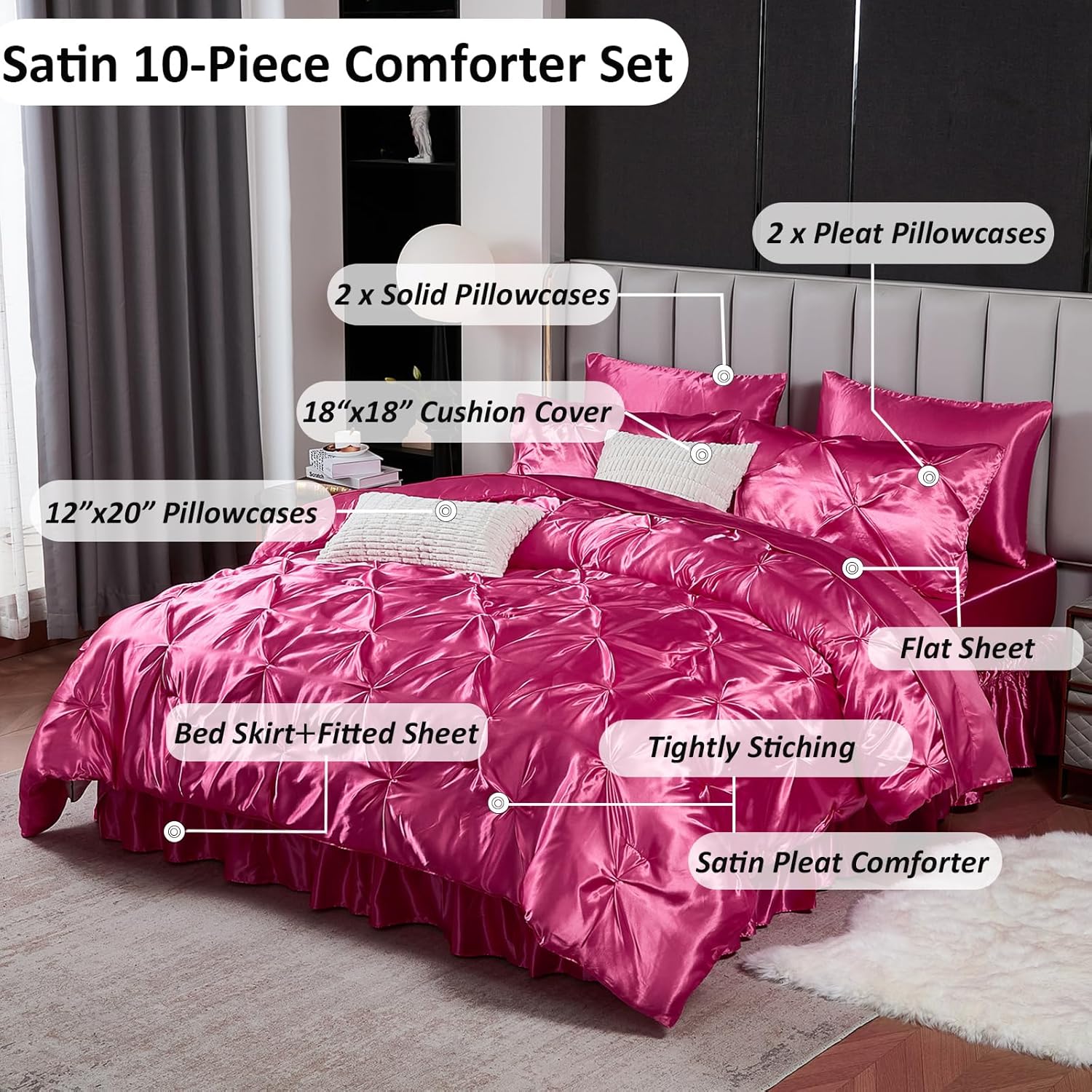 Bedbay Hot Pink Satin Comforter Set 10 Pcs Bed in a Bag