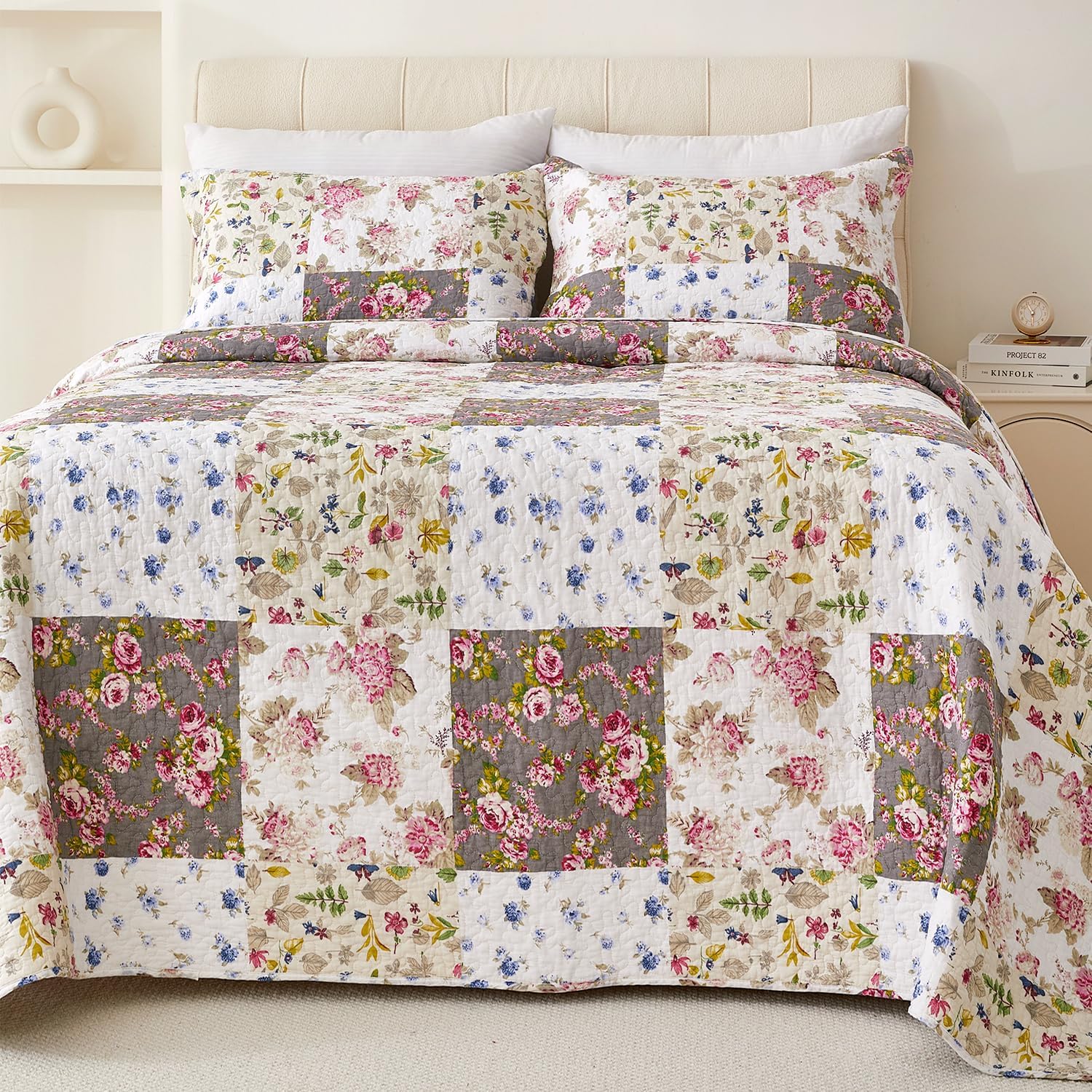 EVENHUG 100 Cotton Floral Queen Quilt Set 3 Pieces