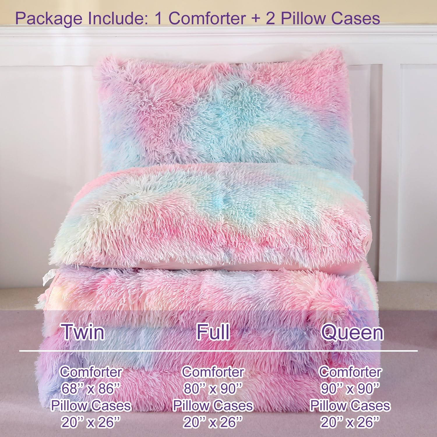 WINLIFE Rainbow Tie Dye Faux Fur Comforter Set Twin