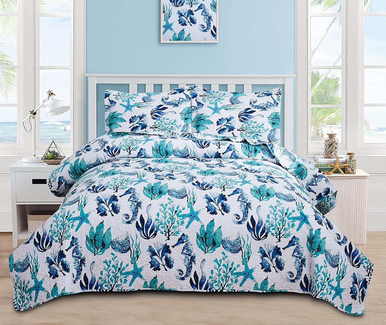 Coastal Bedding Set Queen Reversible Quilts Coverlet
