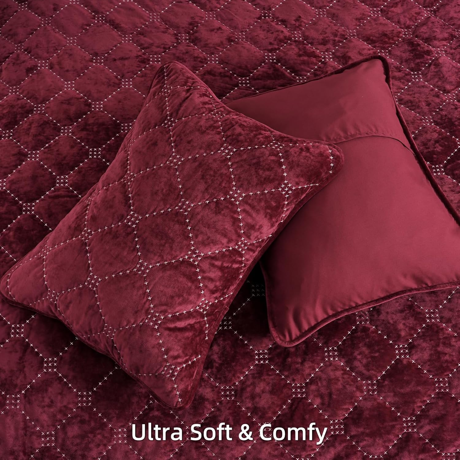 PHF Wine Red Velvet Quilt Set Twin Size