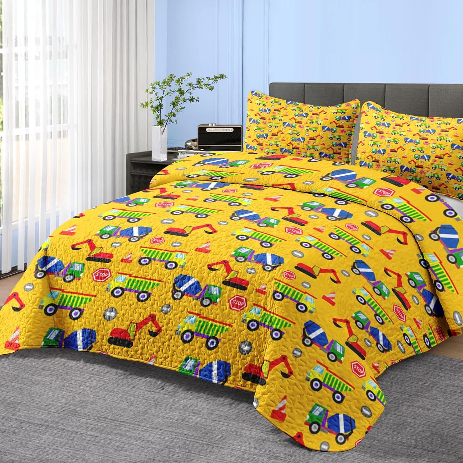 Pamnest Quilt Set Full Queen Size Cartoon Construction Car 3 Pcs