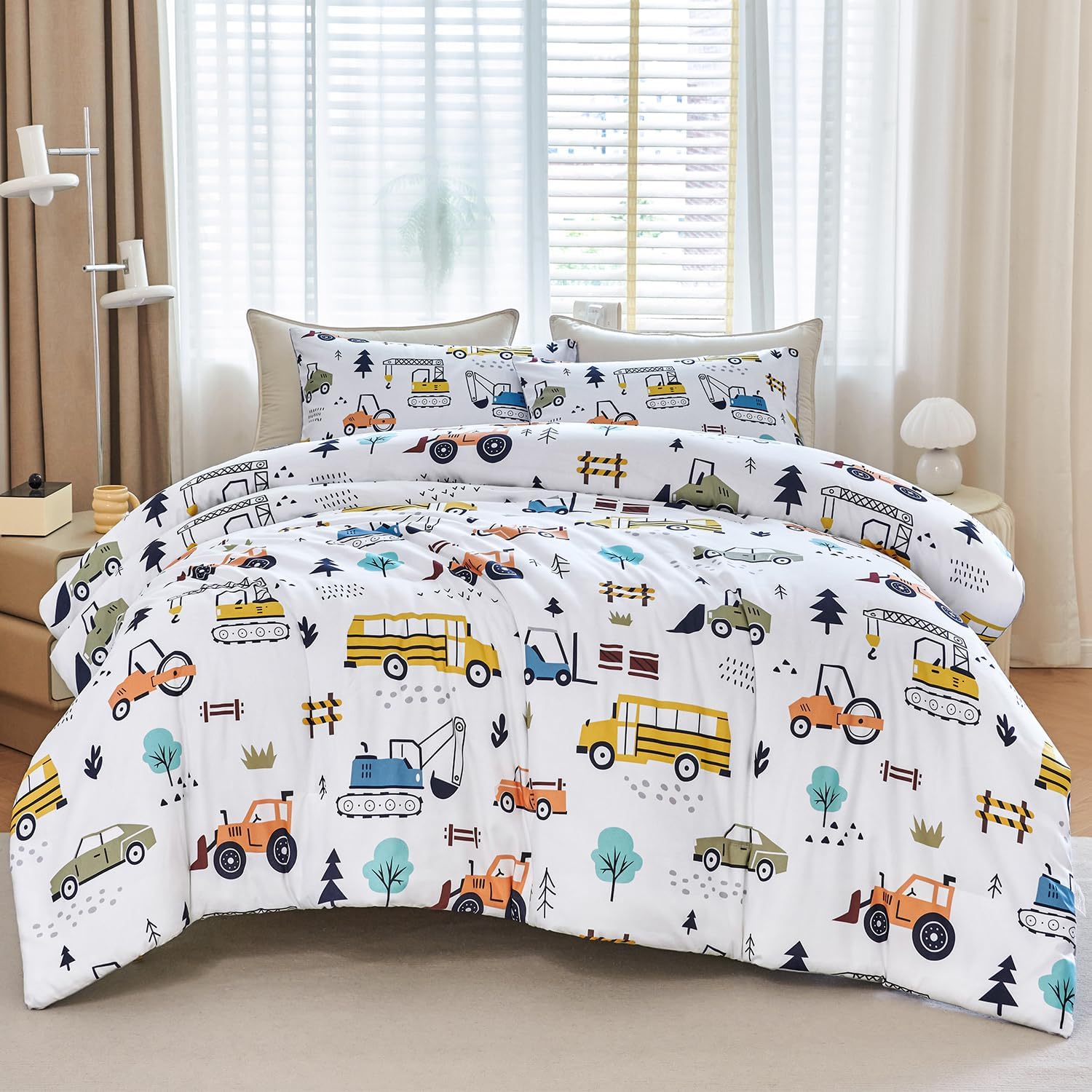 WINLIFE Twin Size Comforter Set with Cartoon Excavator Pattern