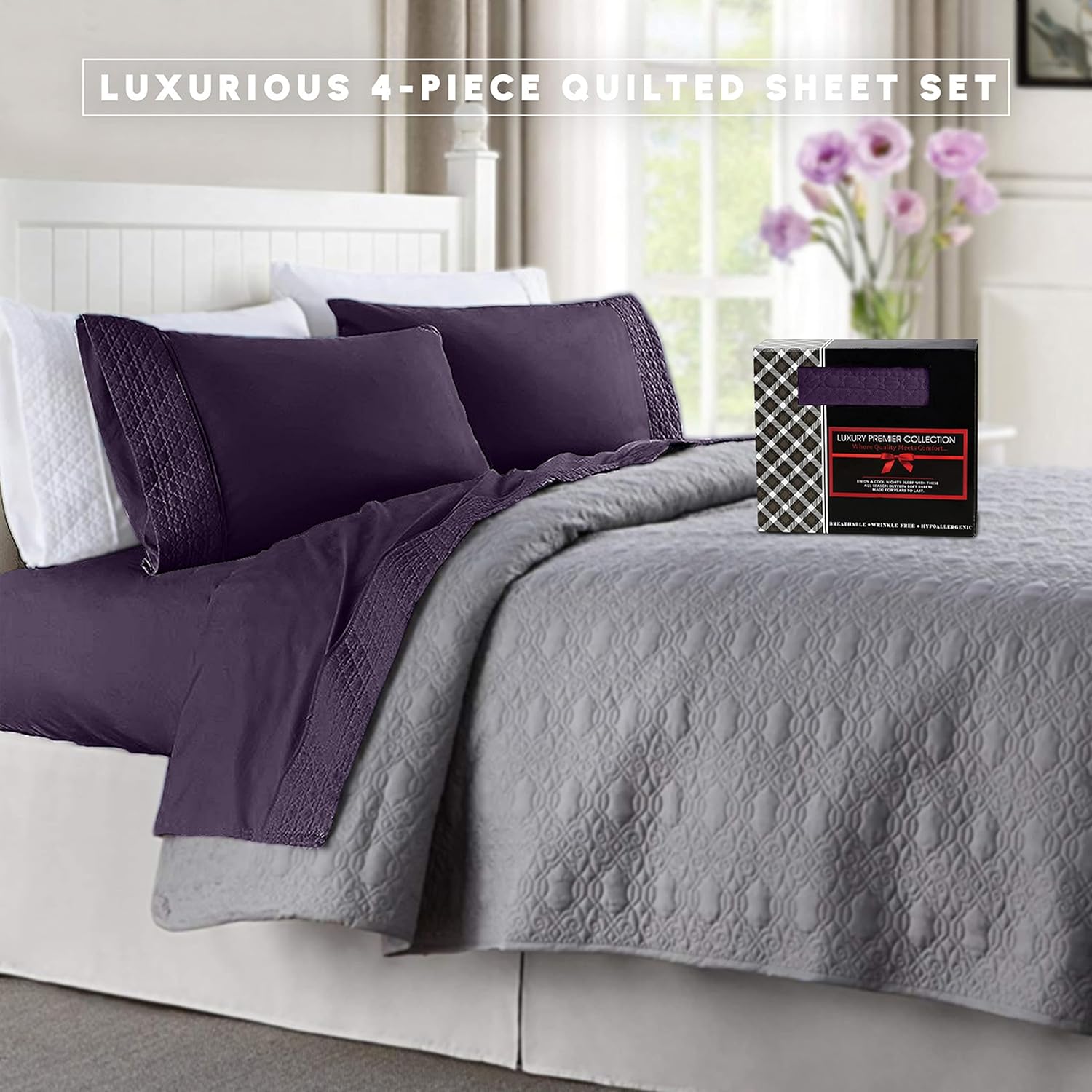 Elegant Comfort 4-Piece Quilted Bed Sheet Set - Purple