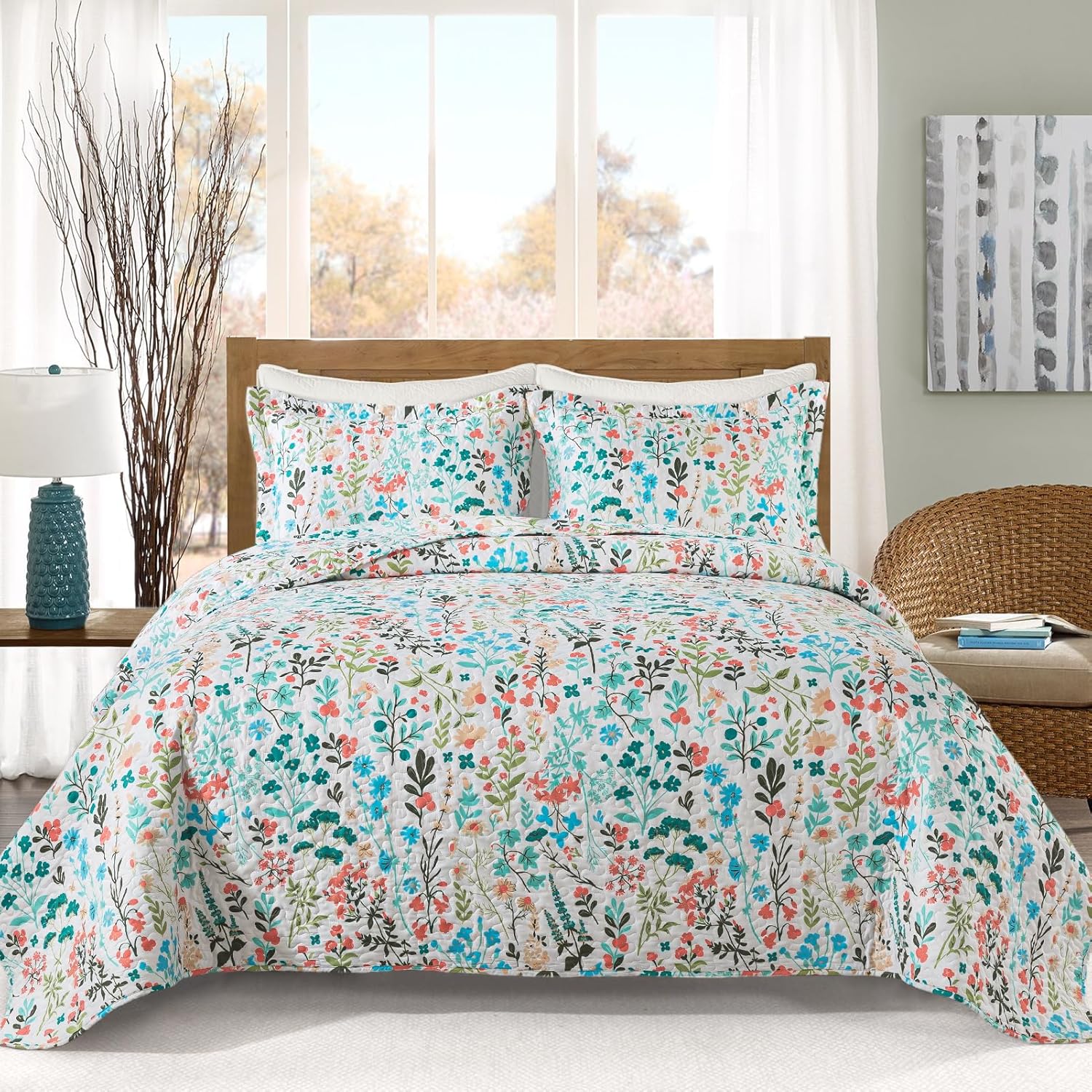 VAPUTAR Botanical Queen Quilt Set 3-Piece