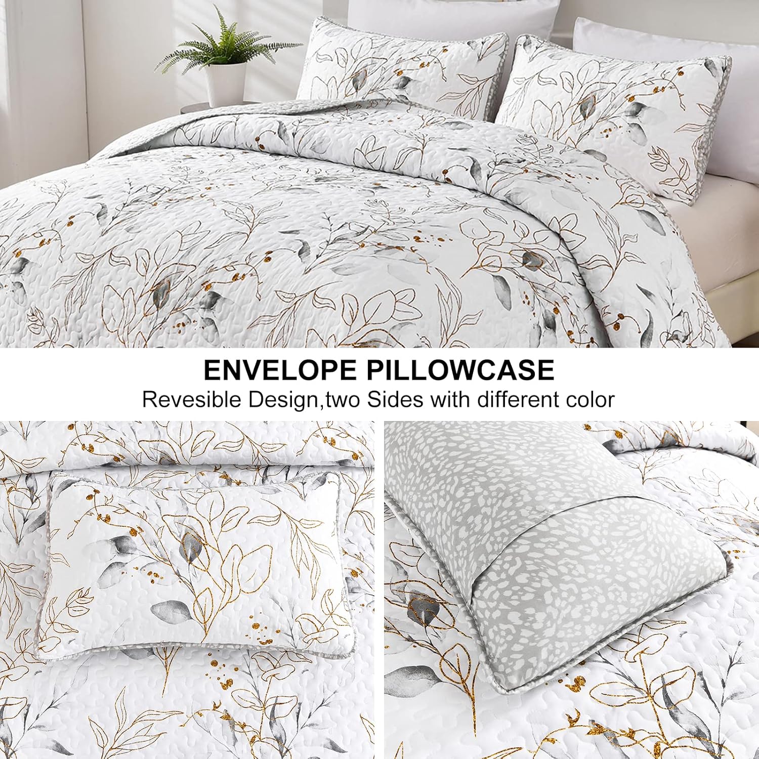 Anibedding Grey Quilt Set 3 Piece Reversible