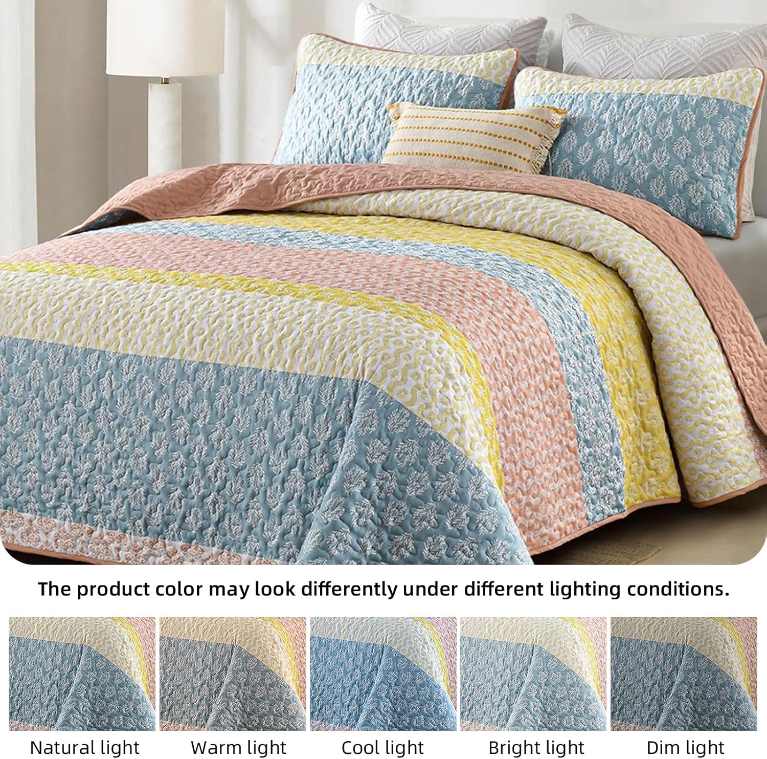 Boho Queen Quilt Set with 3 Pieces Striped Coverlet