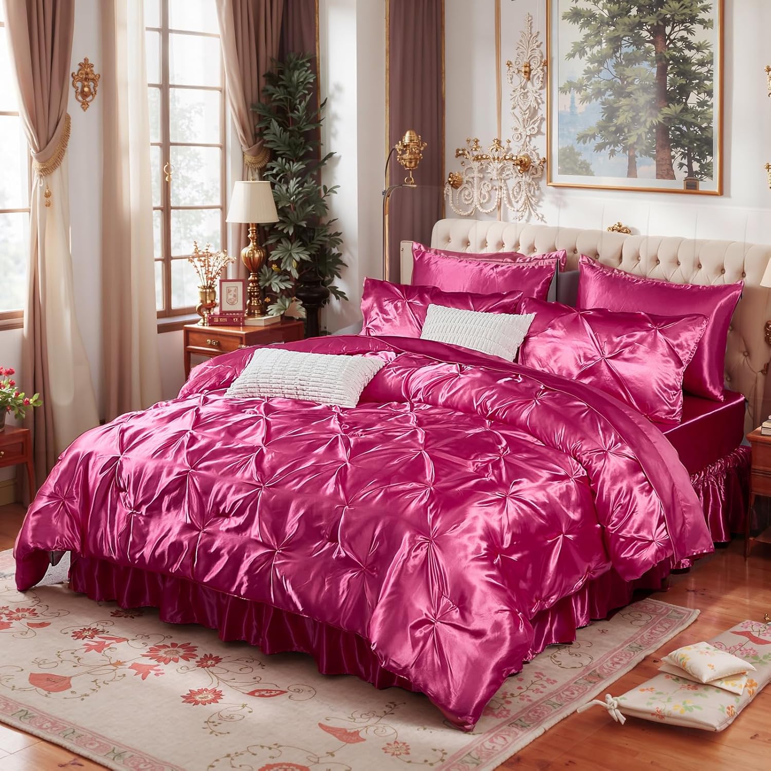 Bedbay Hot Pink Satin Comforter Set 10 Pcs Bed in a Bag