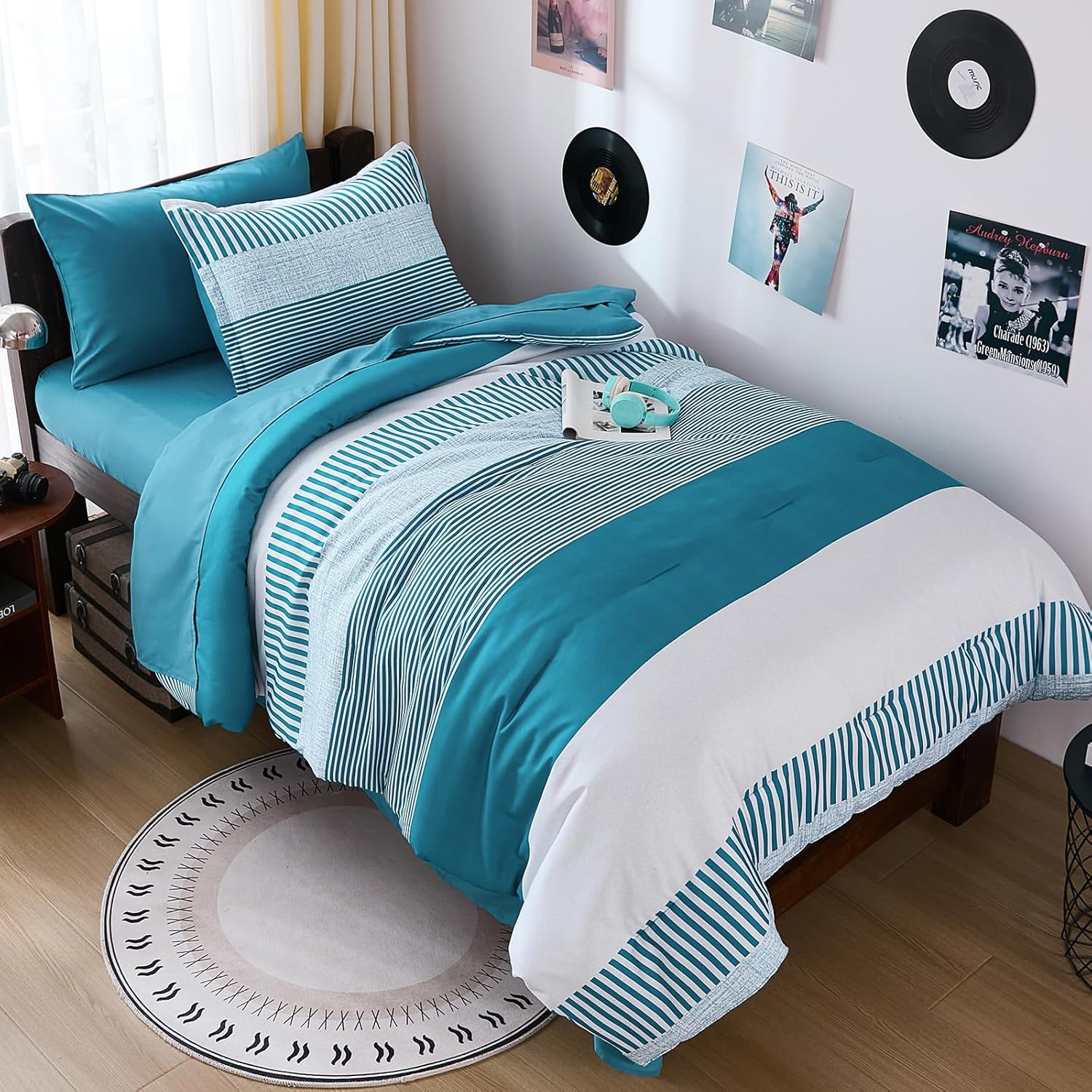 Cottolester Teal Striped Comforter Set Twin Size