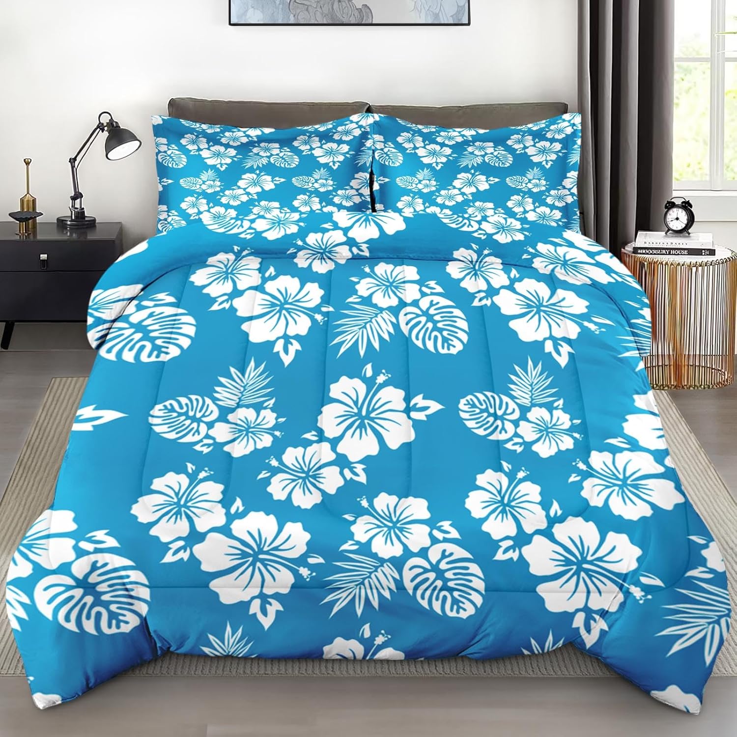 Pamnest Queen Comforter Set Blue Hawaiian Flower 3 Pcs