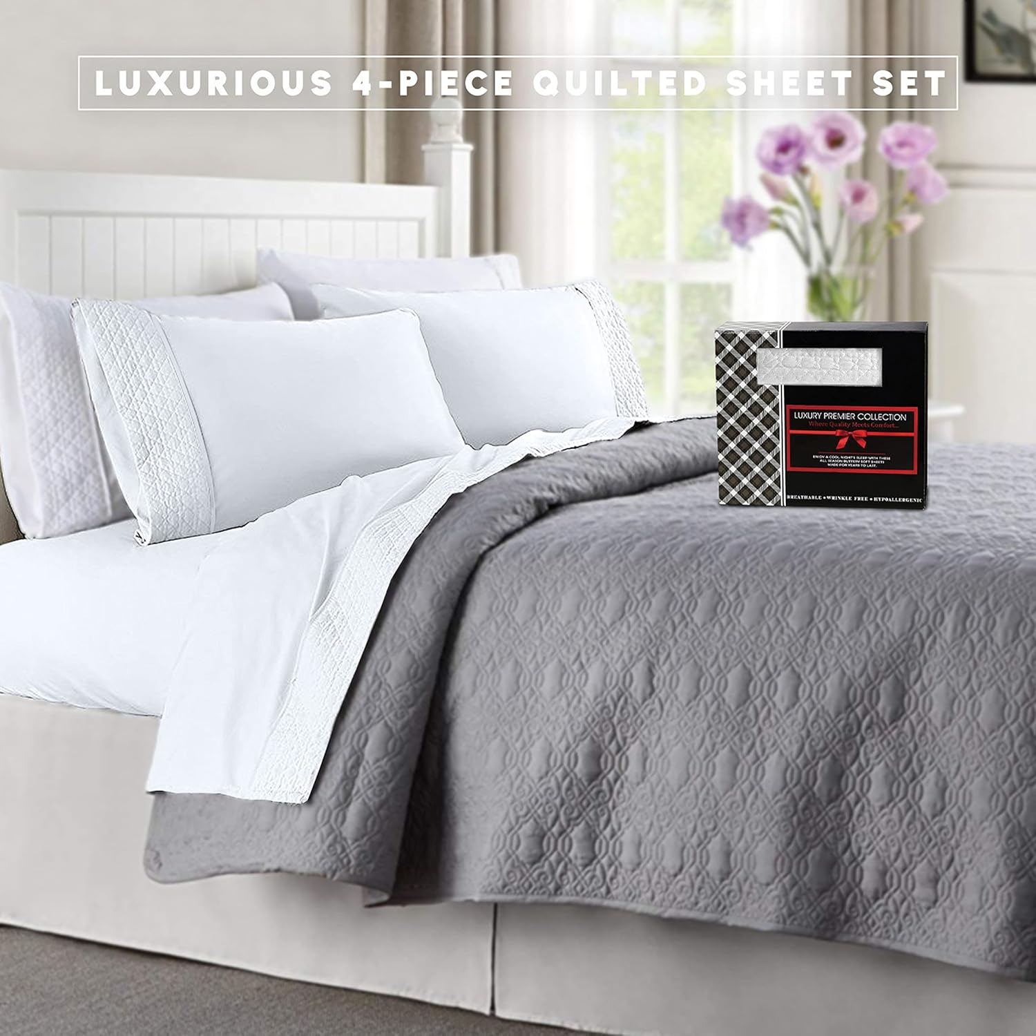 Elegant Comfort 4-Piece Quilted Bed Sheet Set - White