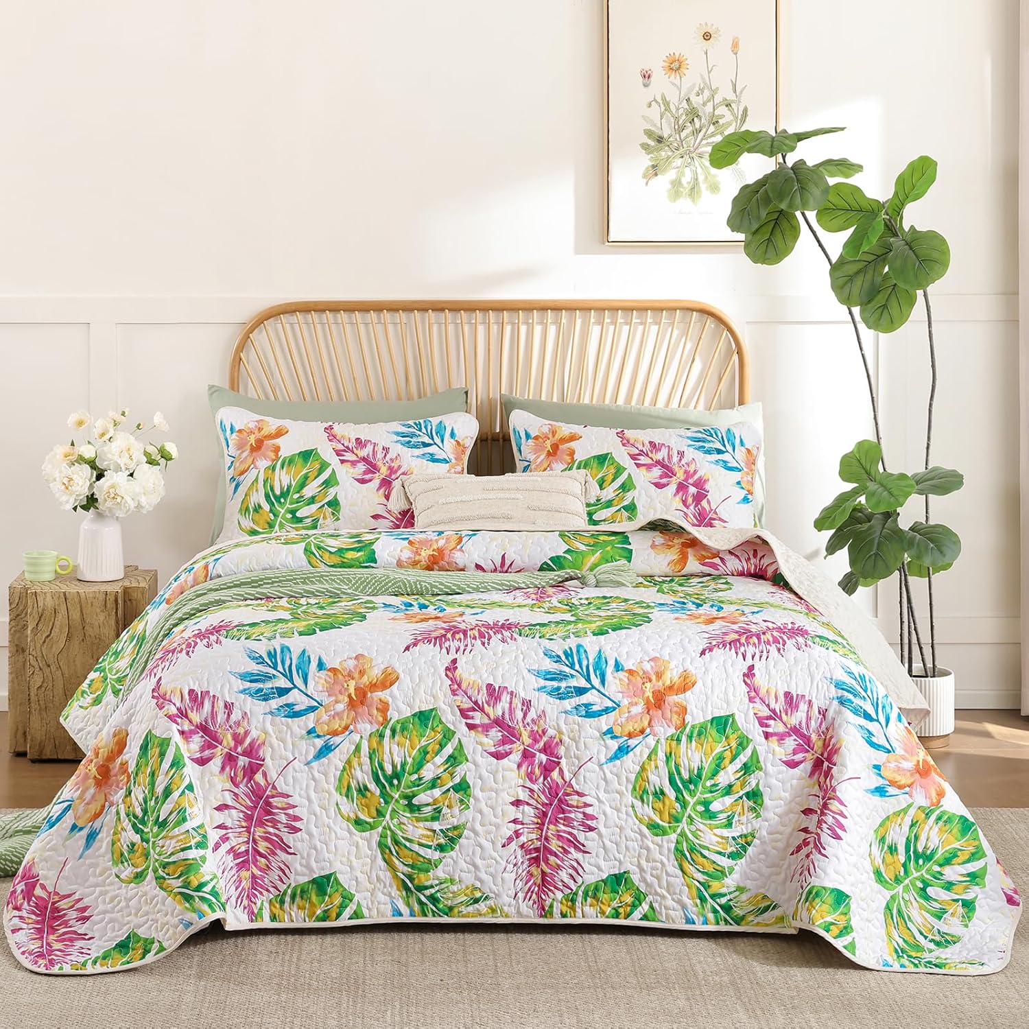 Luxudecor Tropical Plants Queen Quilt Set 3 Pieces