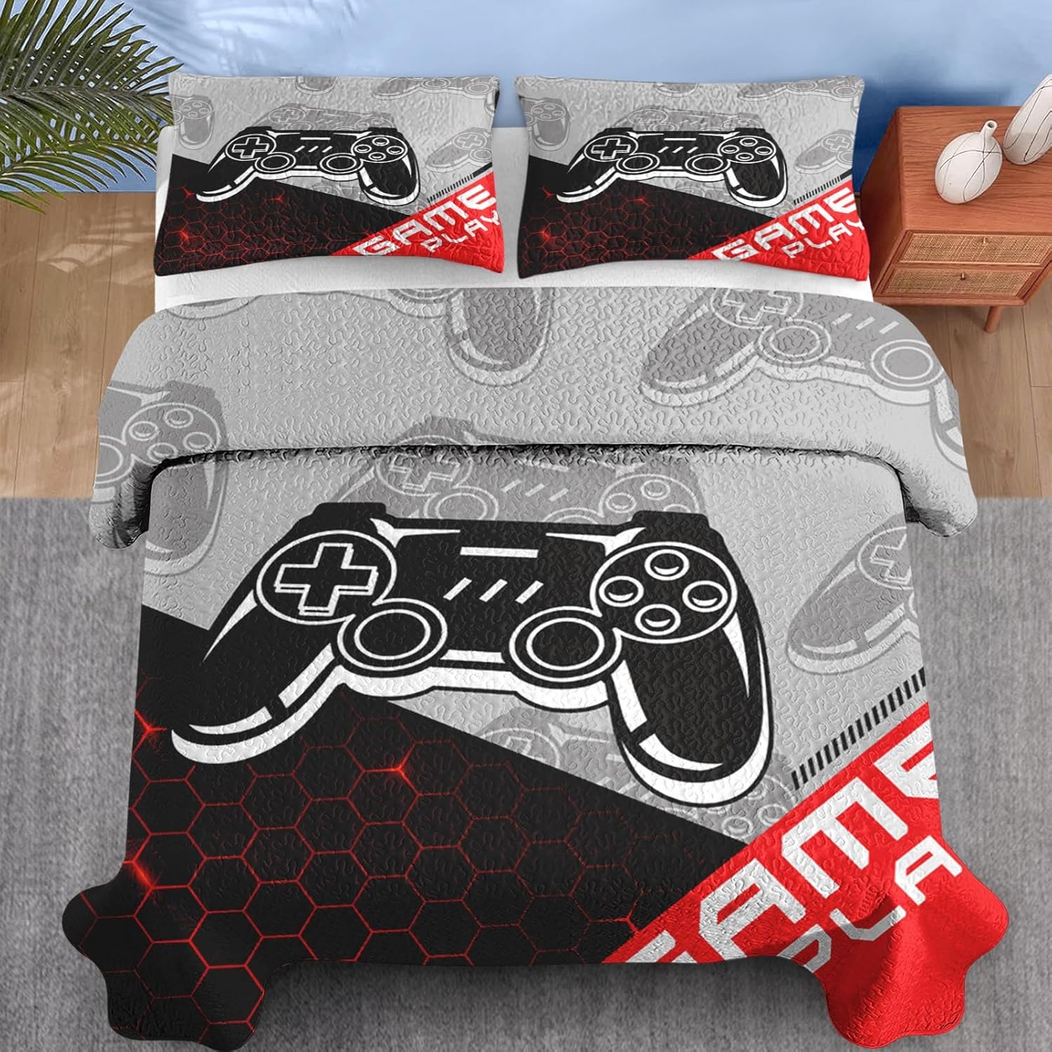 Pamnest Twin Quilt Set with Pillow Sham Red Black