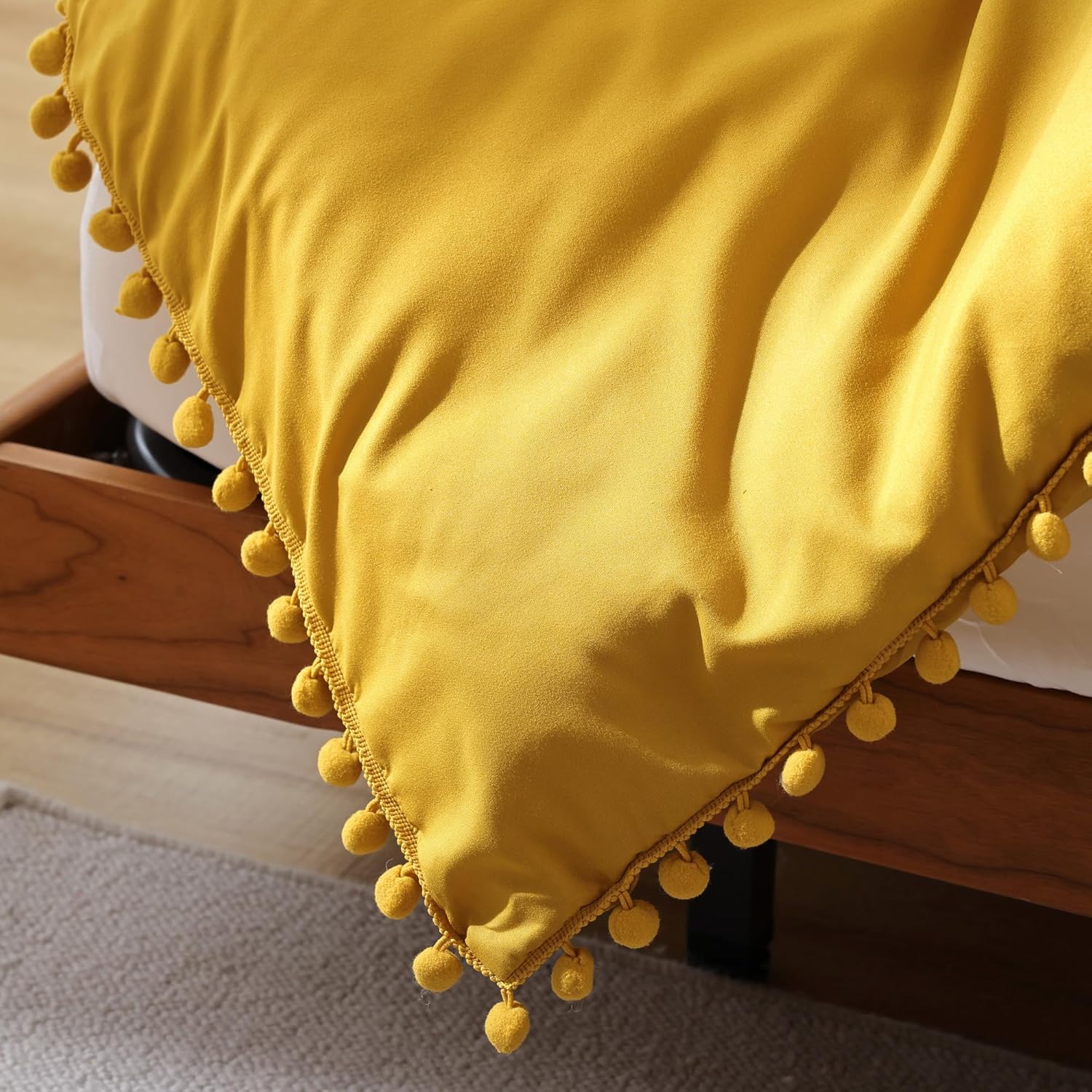 YIRDDEO Twin Comforter Set with Pom Fringe Mustard Yellow