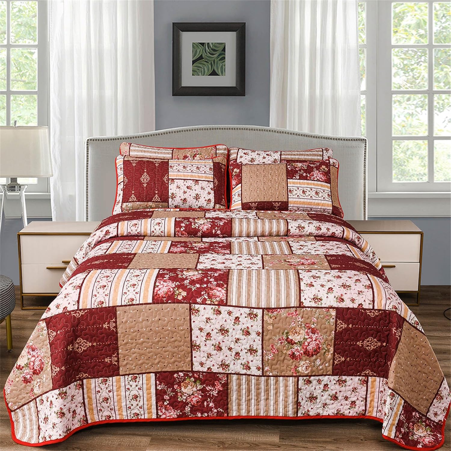 YASMENG 3-Piece Floral Plaid Quilt Set King