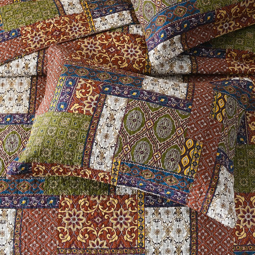 VISIMISI Cotton Reversible Patchwork Bedspread Set Brown Queen Size