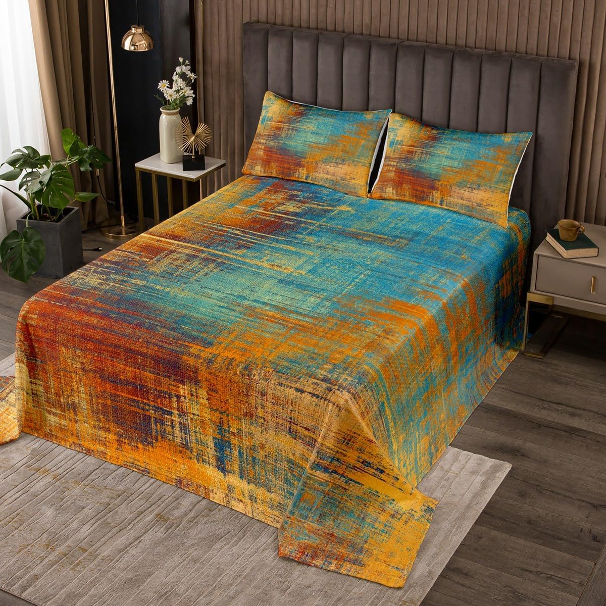 Erosebridal Red Ombre Queen Quilt Set with Blue Tie Dye Coverlet
