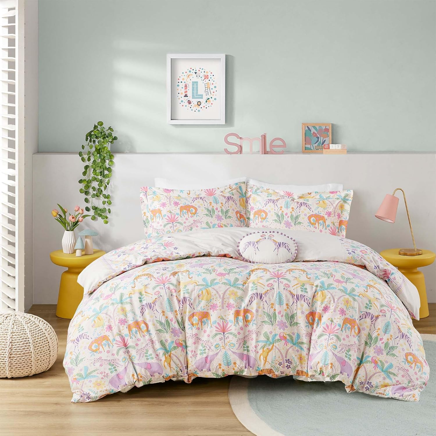 Queen Duvet Cover Set - Jungle Animals Floral Reversible Design