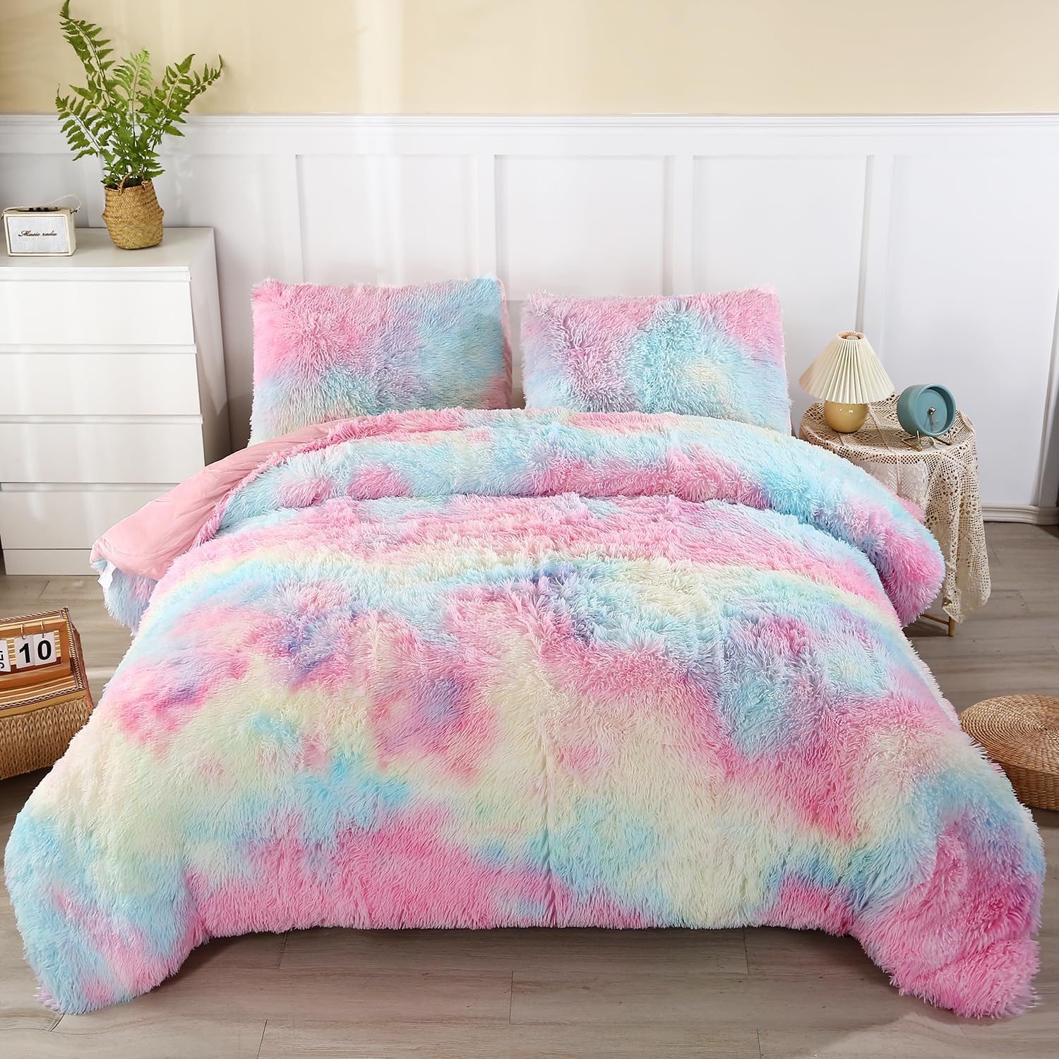 WINLIFE Rainbow Tie Dye Faux Fur Comforter Set Twin