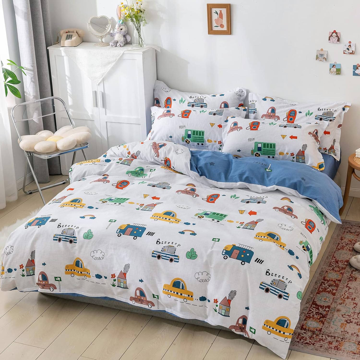 Kids Car Duvet Cover Set Twin Size - 100 Cotton