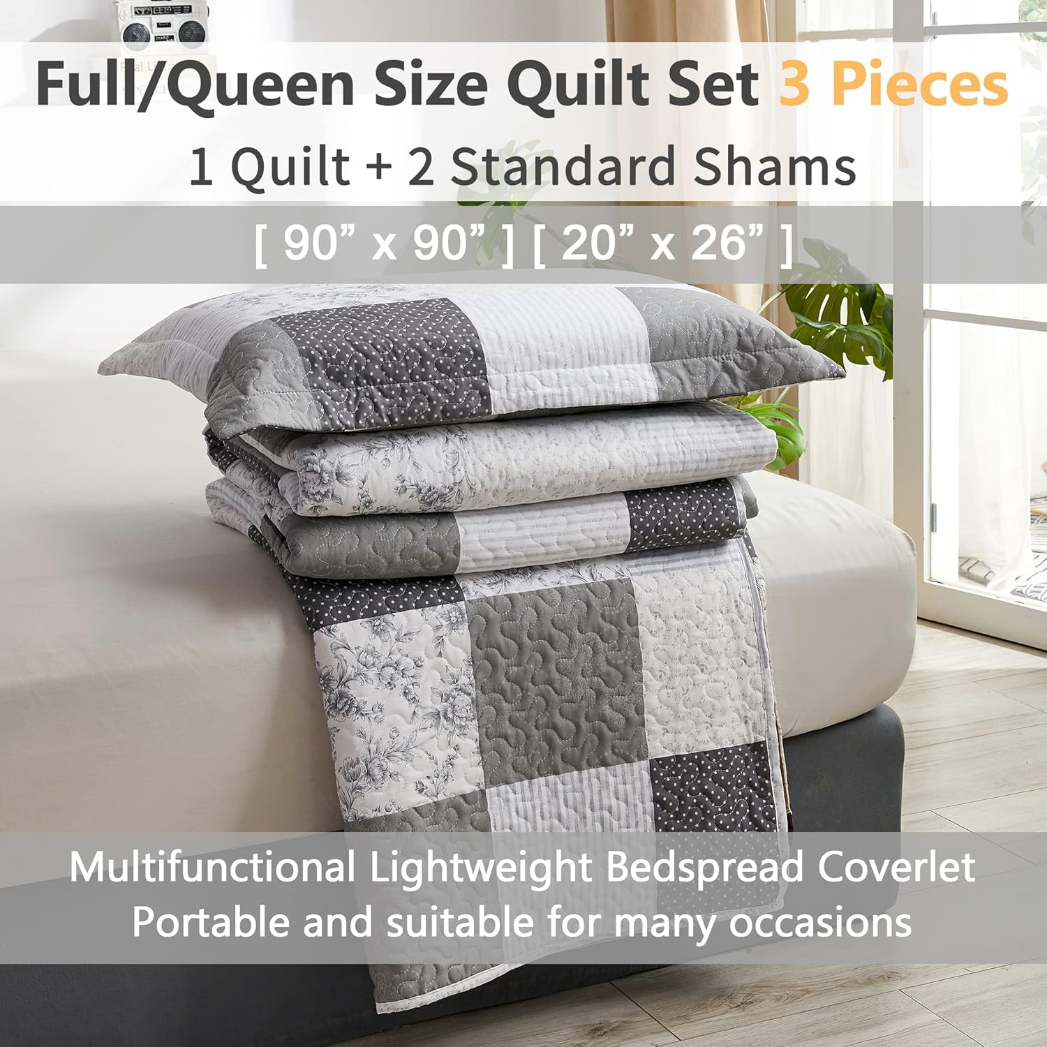 Jessy Home Modern Queen Bedspread Quilt Set - Grey Paisley Floral Plaid Reversible