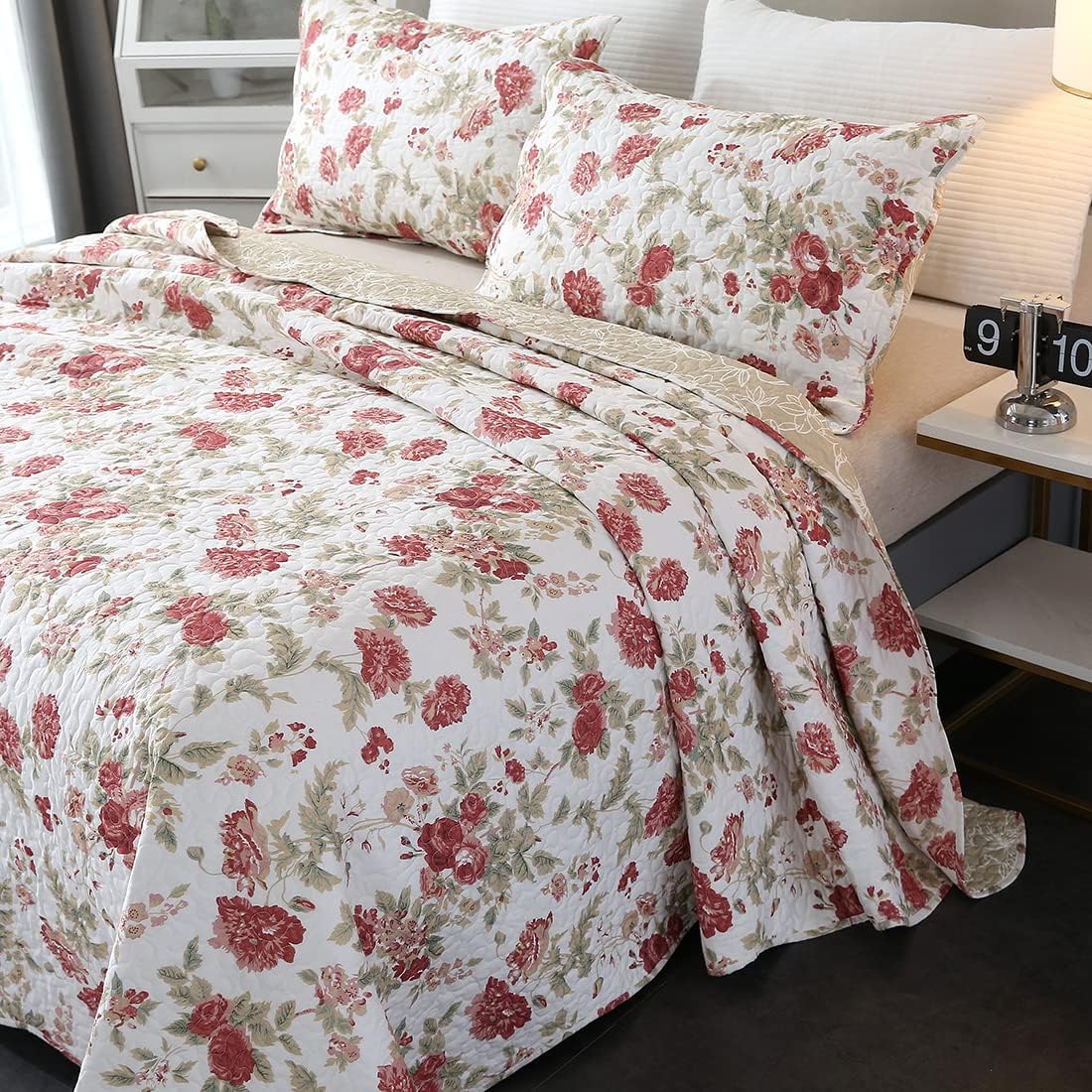Vctops 3-Piece Romantic Rose Flower Print Bedspread Set