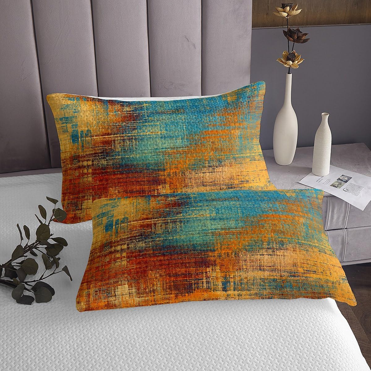 Erosebridal Red Ombre Queen Quilt Set with Blue Tie Dye Coverlet