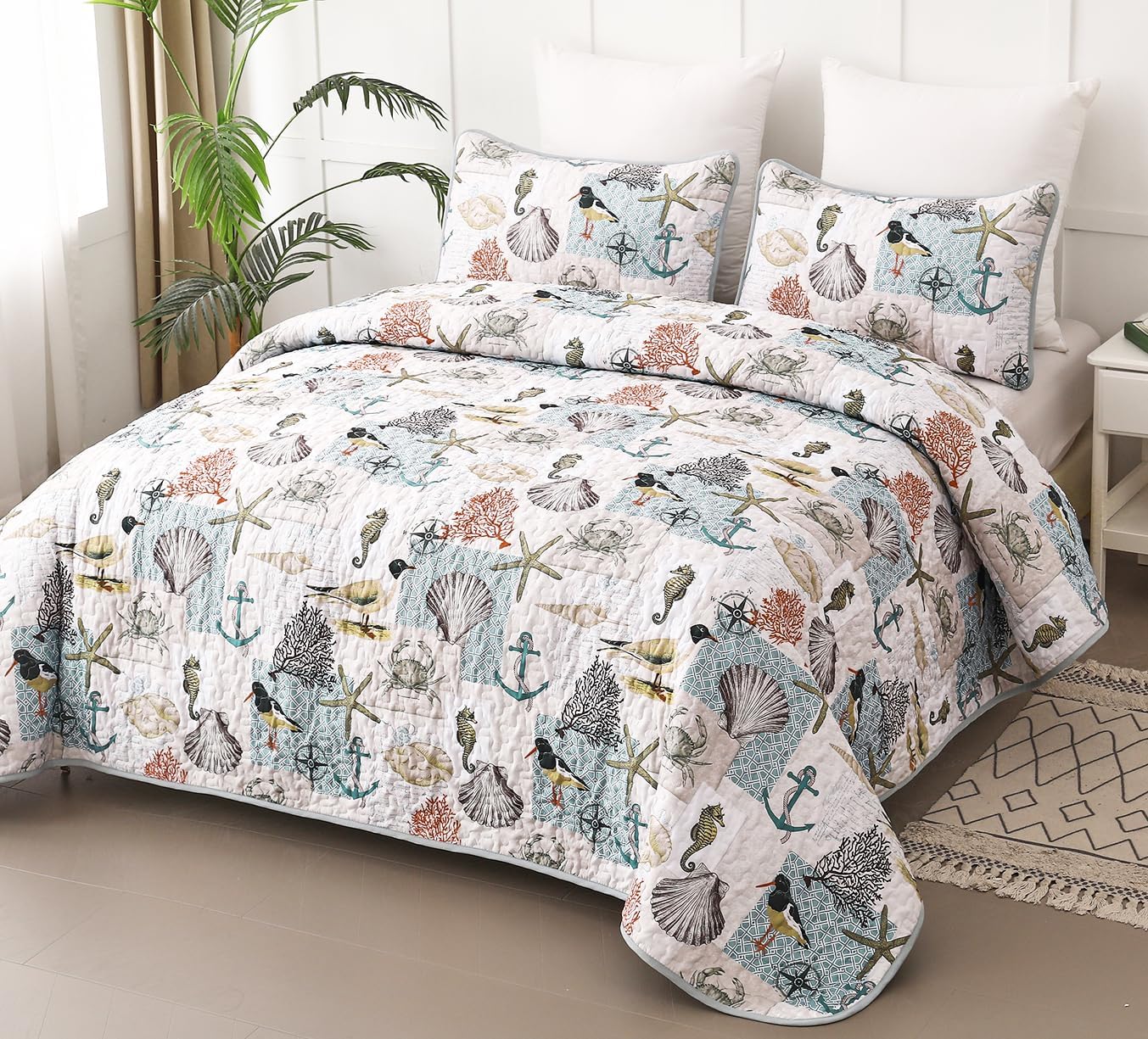 Djoymock Ocean Quilt Set Queen 3 Piece Summer Bedding
