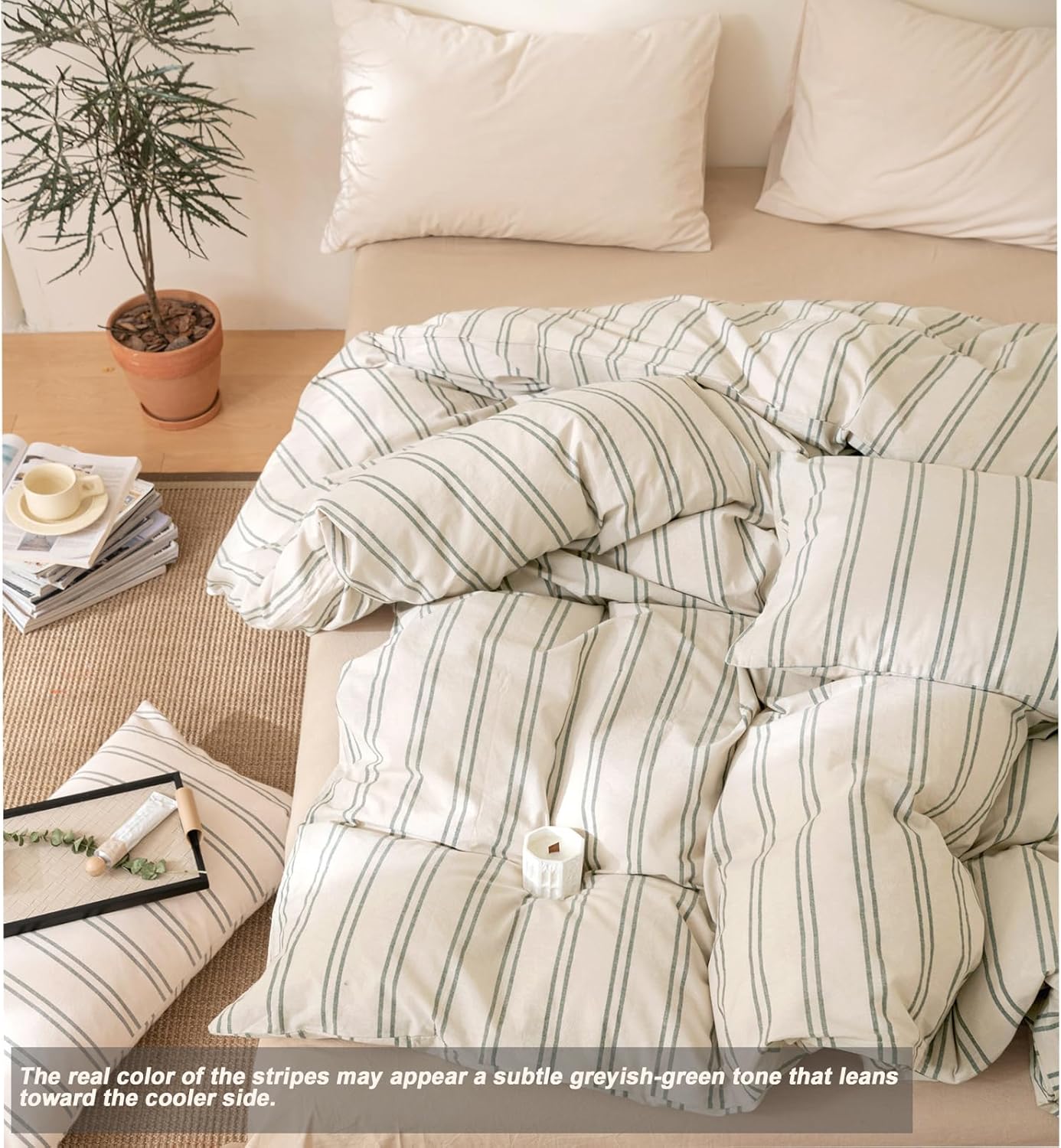 VM VOUGEMARKET Greyish-Green Striped Duvet Cover Set Twin XL