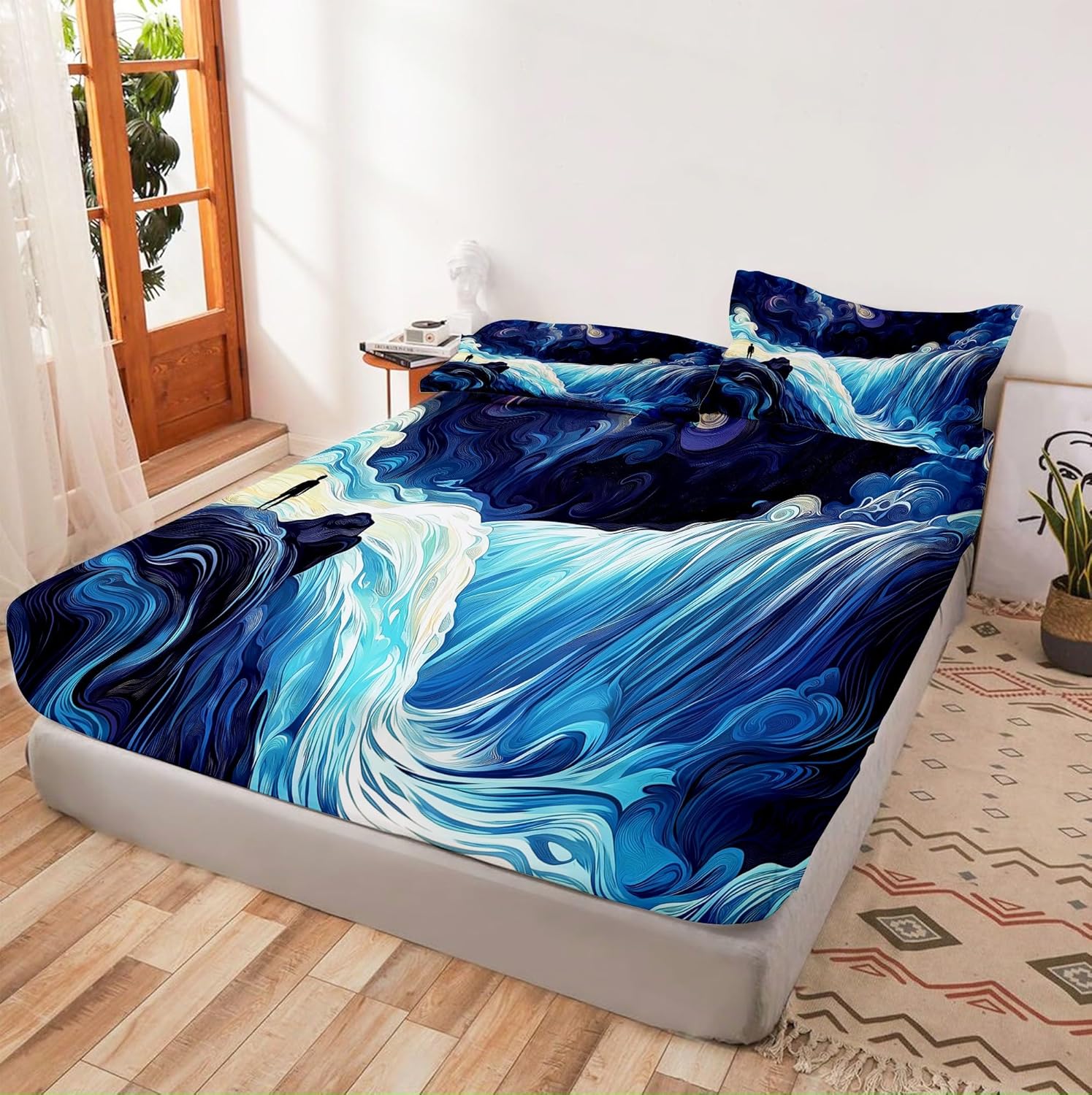 4 Piece Microfiber Bed Sheet Set Blue Abstract Waterfall Design
